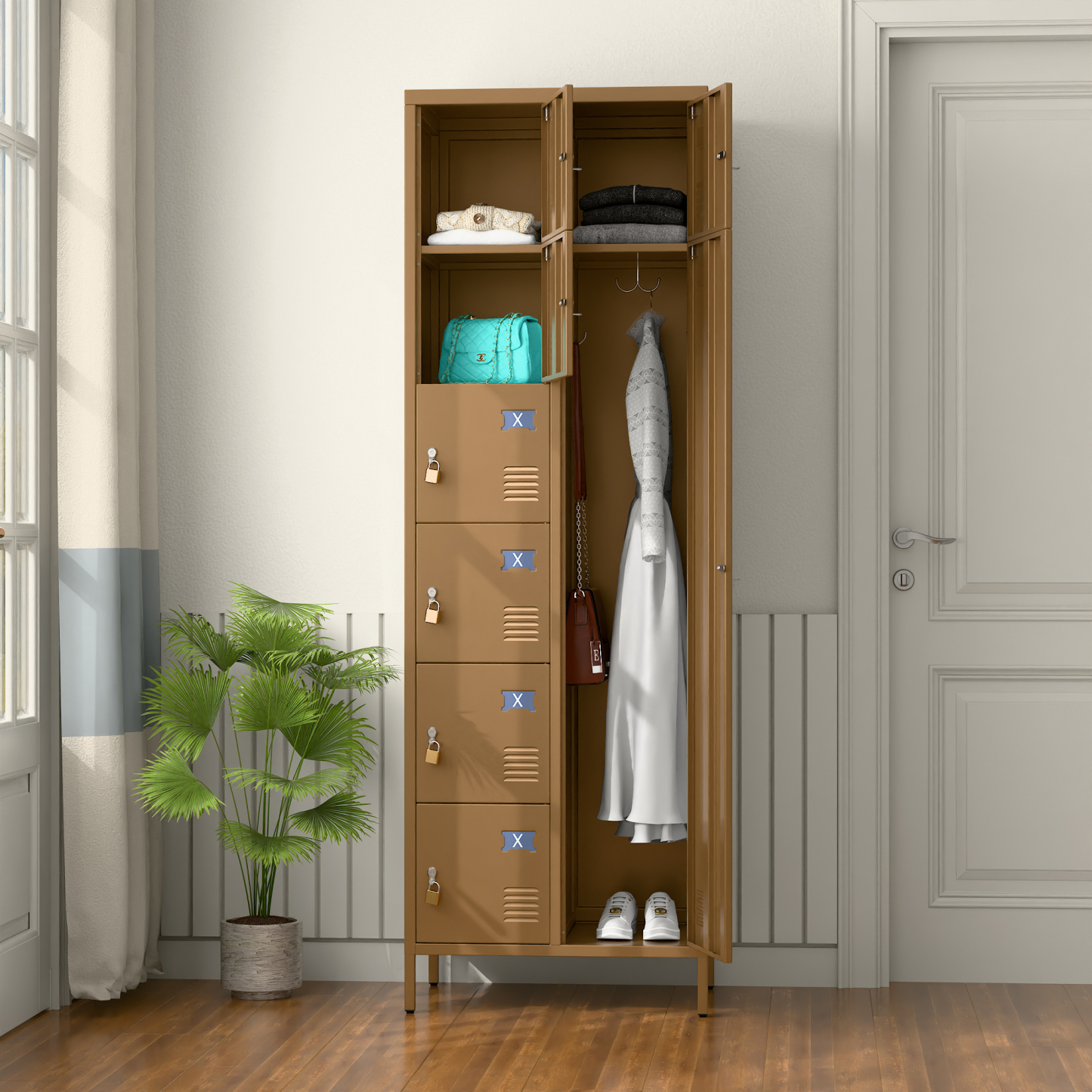 72" H Metal Storage Lockers with 8 Doors(7 Small +1 Big Doors),Coffee