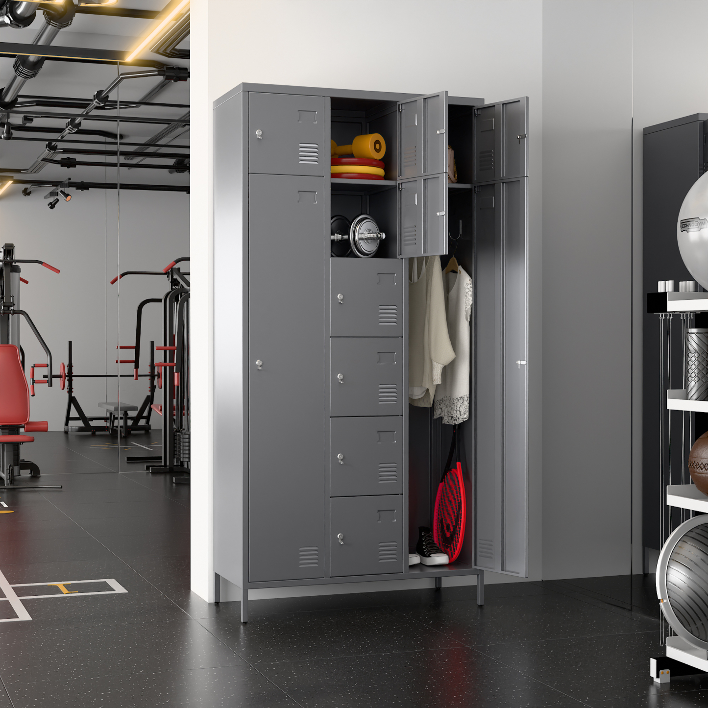 72"H Metal Storage Lockers with 10 Doors,2 Big Doors and 8 Small Doors,Dark Grey