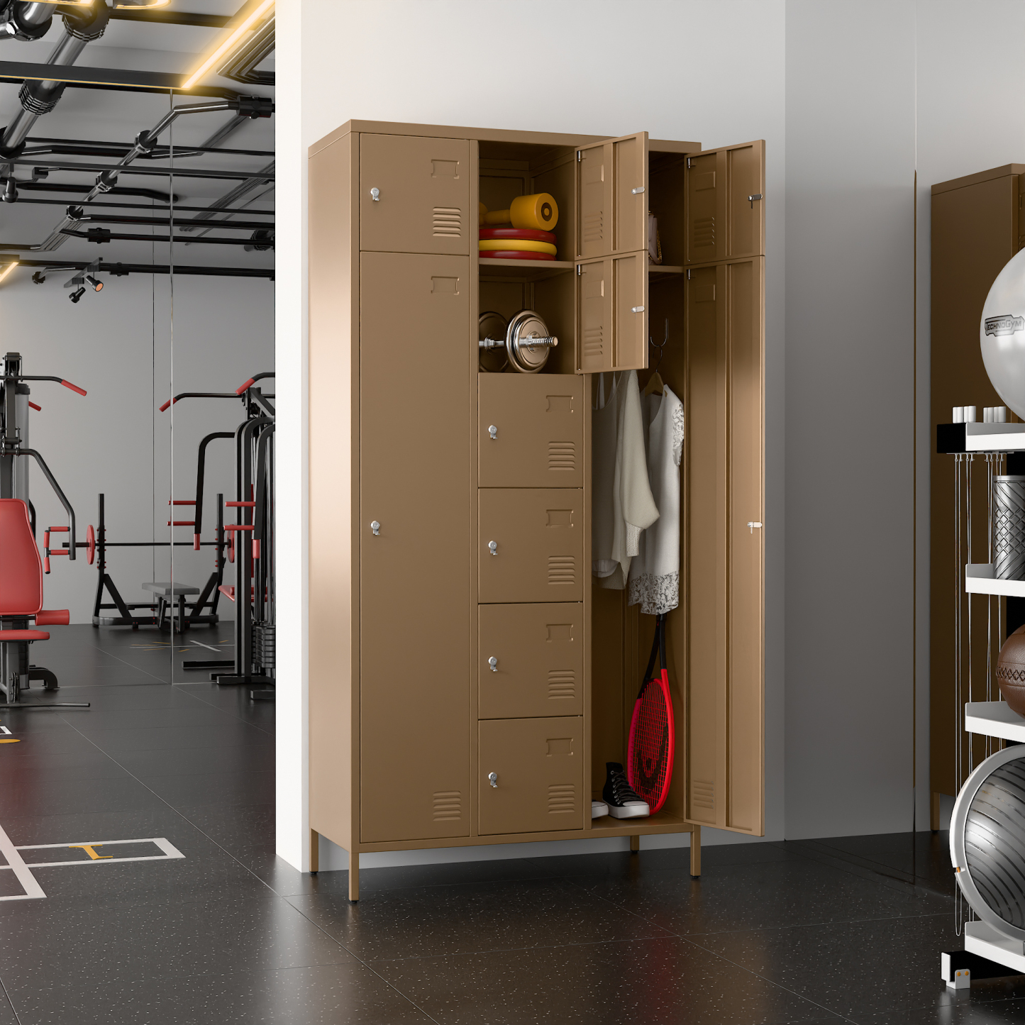 72"H Metal Storage Lockers with 10 Doors,2 Big Doors and 8 Small Doors,Coffee