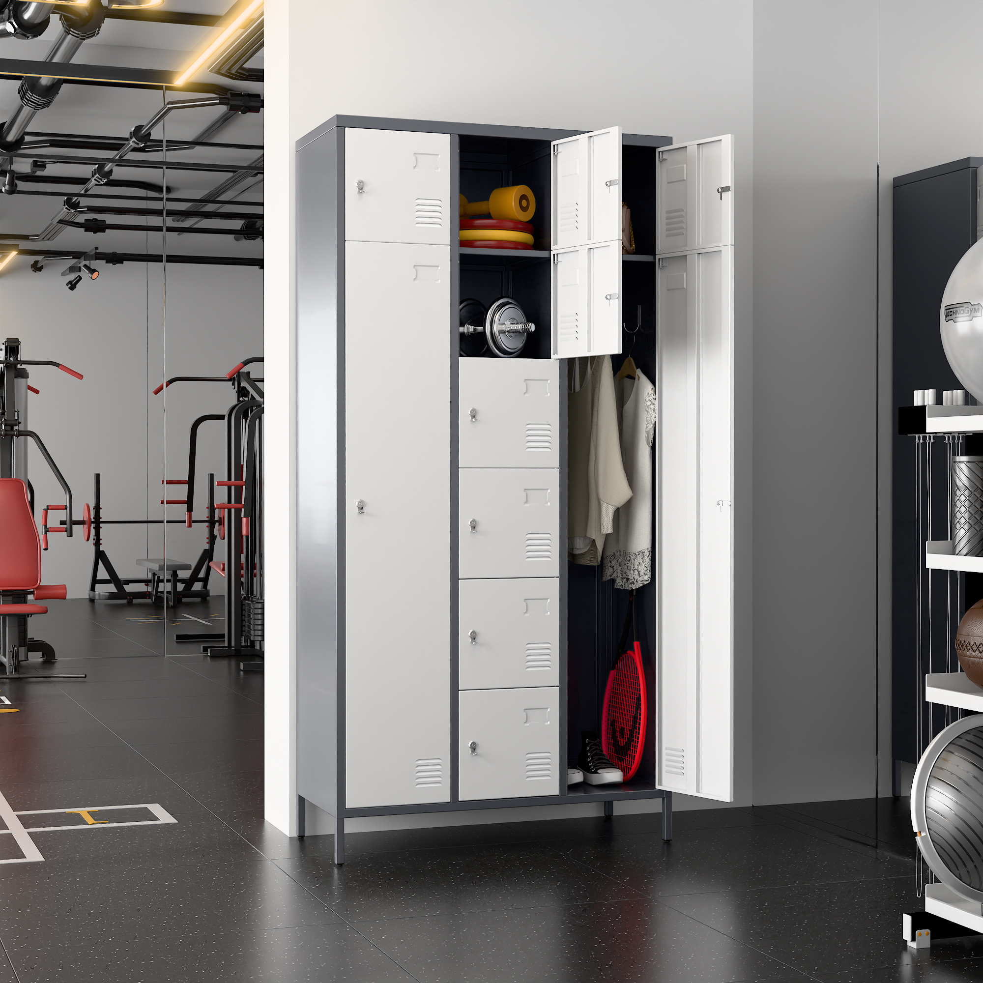 72" H Metal Storage Lockers with 10 Doors，2 Big Doors and 8 Small Doors，Grey&White