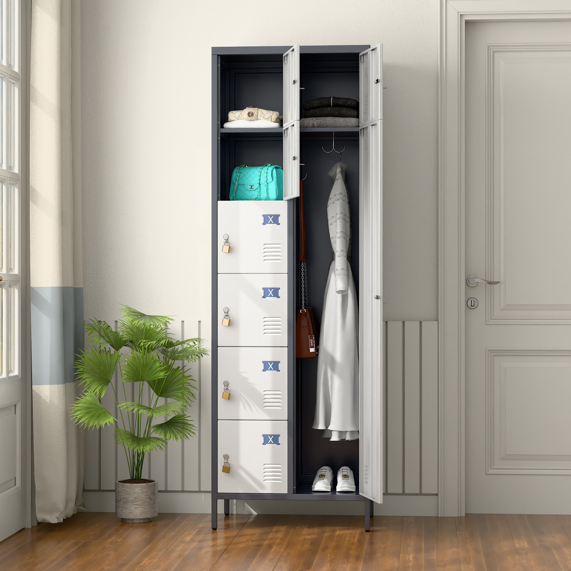 72" H Metal Storage Lockers with 8 Doors,Grey&White,(7 Small +1 Big Doors)