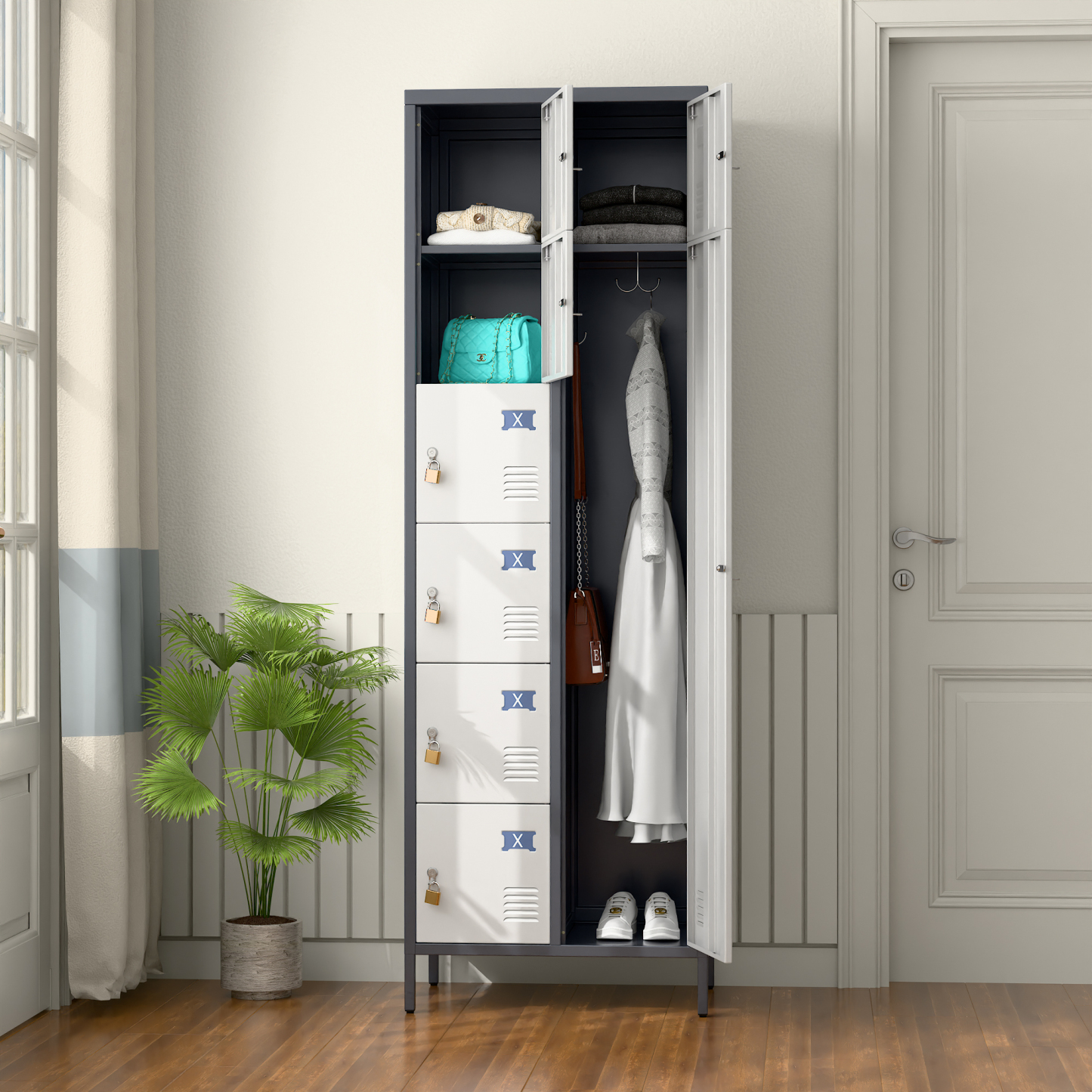 72" H Metal Storage Lockers with 8 Doors,Grey&White,(7 Small +1 Big Doors)