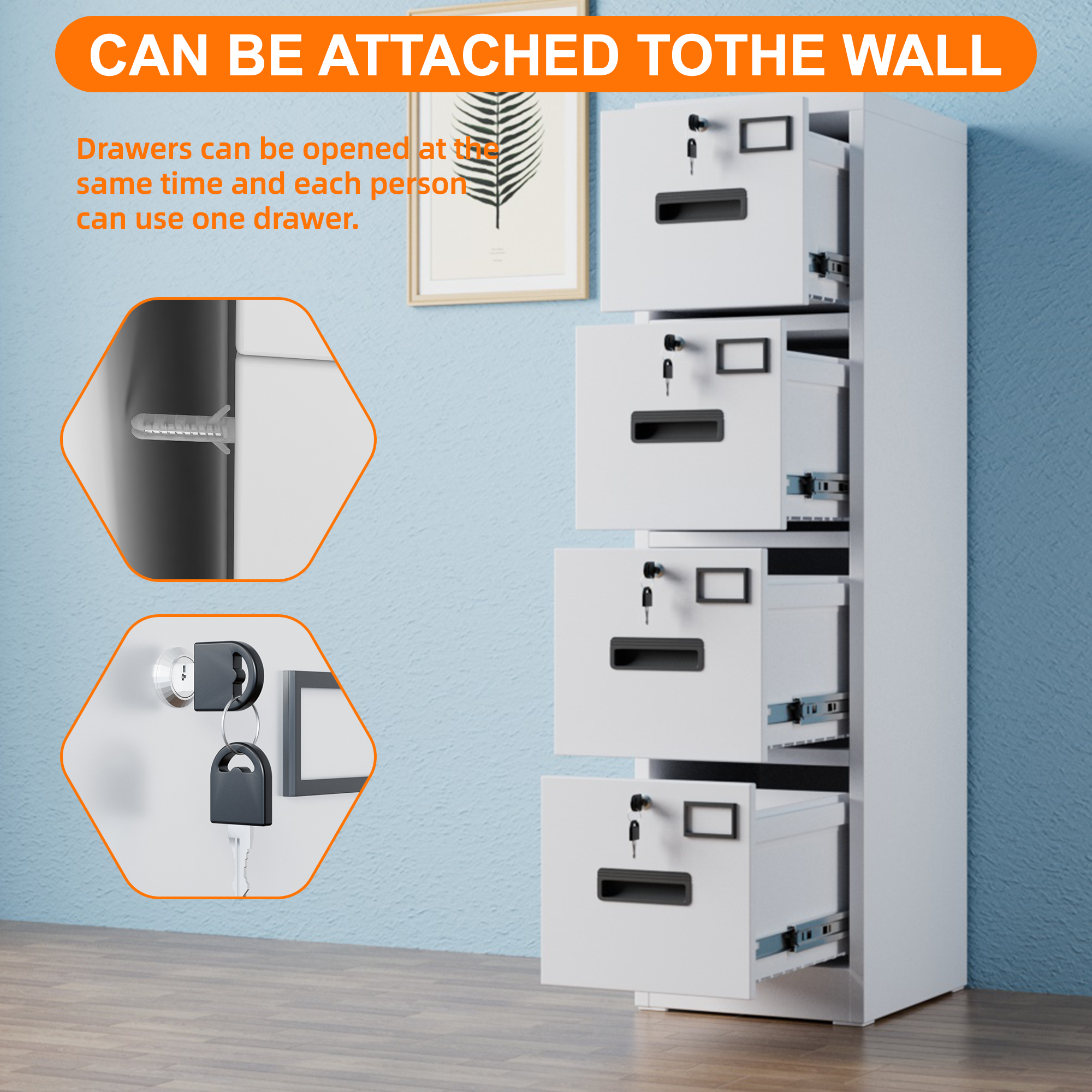 Vertical File Cabinet with 4 Drawers,14.97"D x 17.72"W x 55.2"H,Assembly Required,White,