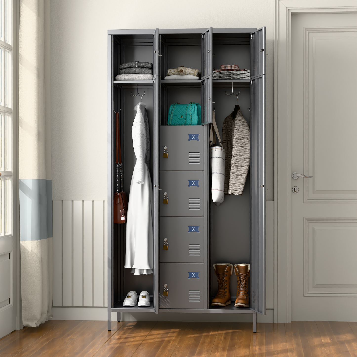 72"H Metal Storage Lockers with 10 Doors,2 Big Doors and 8 Small Doors,Dark Grey