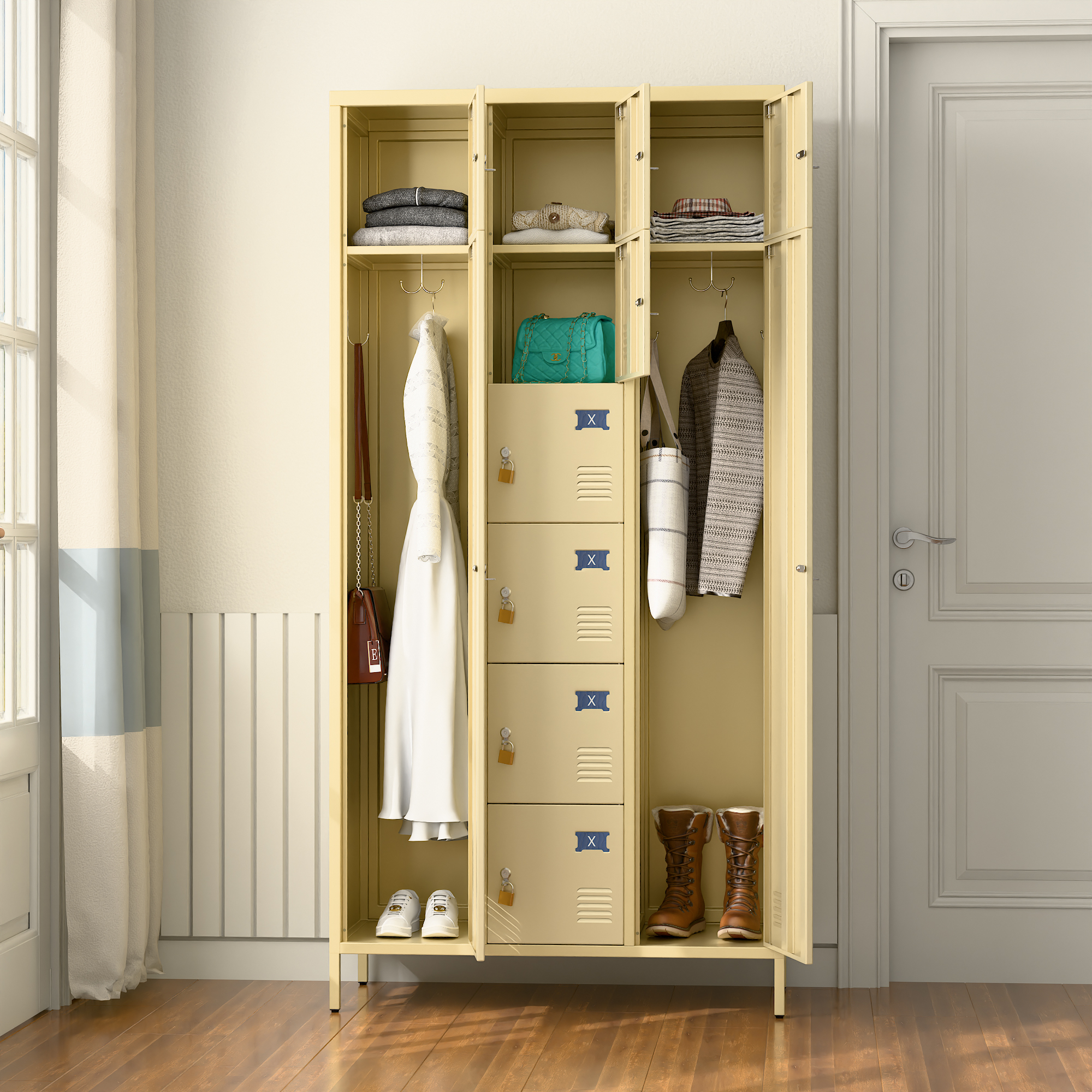 72"H Metal Storage Lockers with 10 Doors,2 Big Doors and 8 Small Doors,Camel