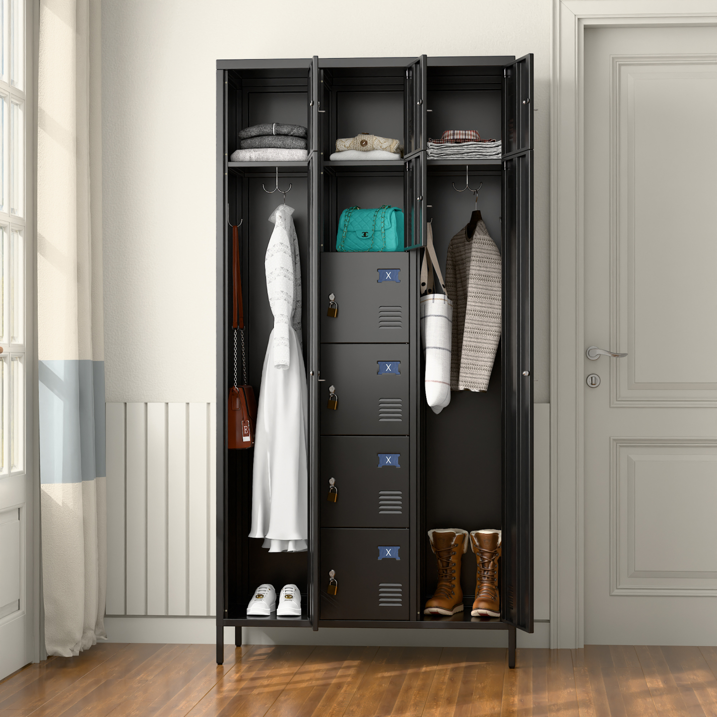 72" H Metal Storage Lockers with 10 Doors，2 Big Doors and 8 Small Doors， Black
