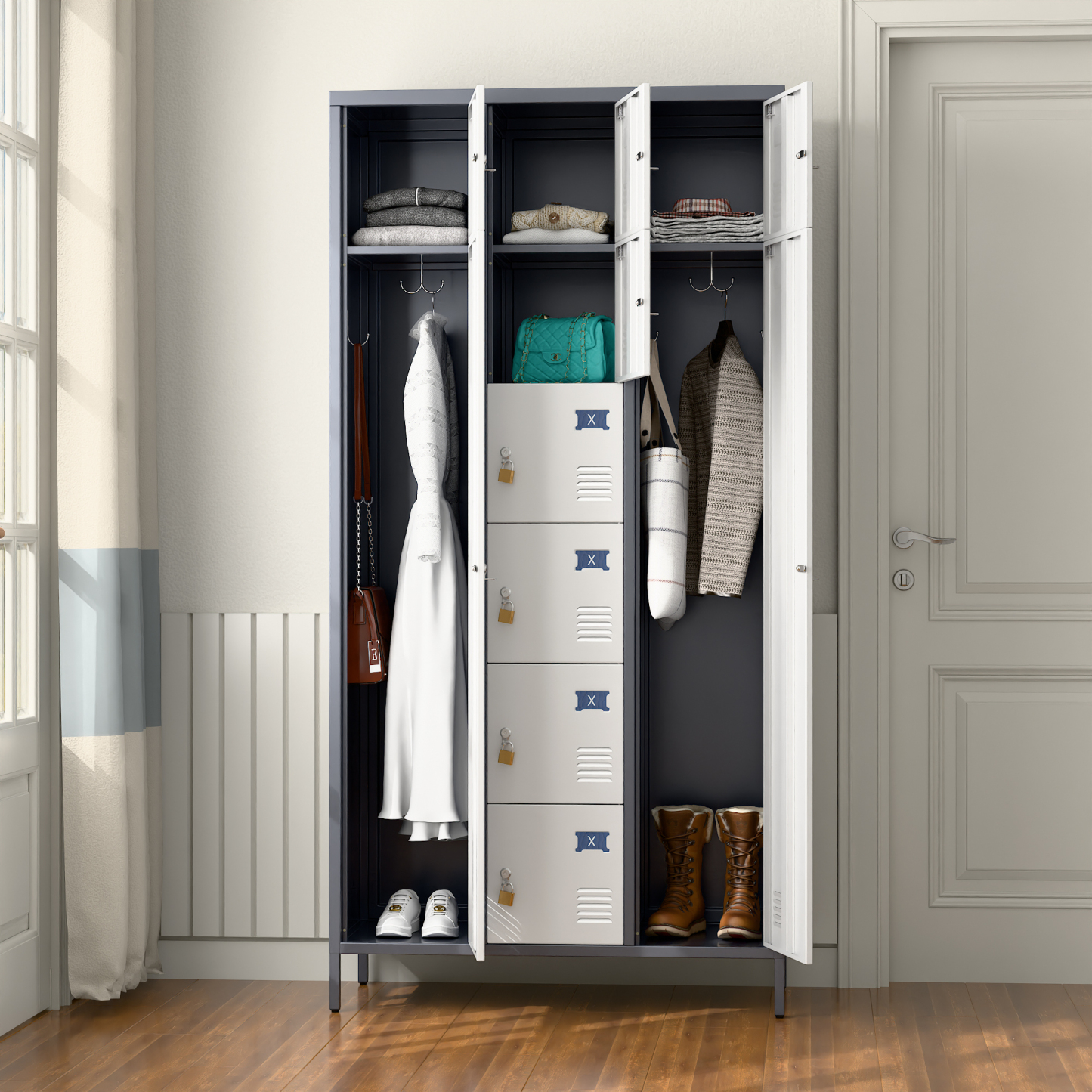 72" H Metal Storage Lockers with 10 Doors，2 Big Doors and 8 Small Doors，Grey&White