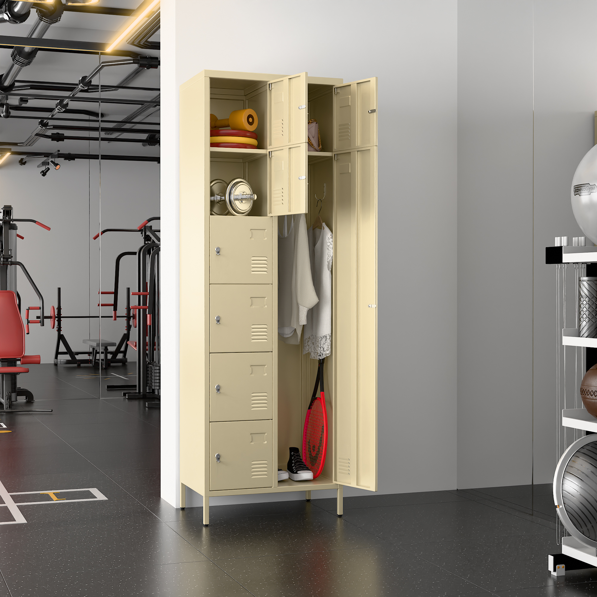 72" H Metal Storage Lockers with 8 Doors(7 Small +1 Big Doors),Camel