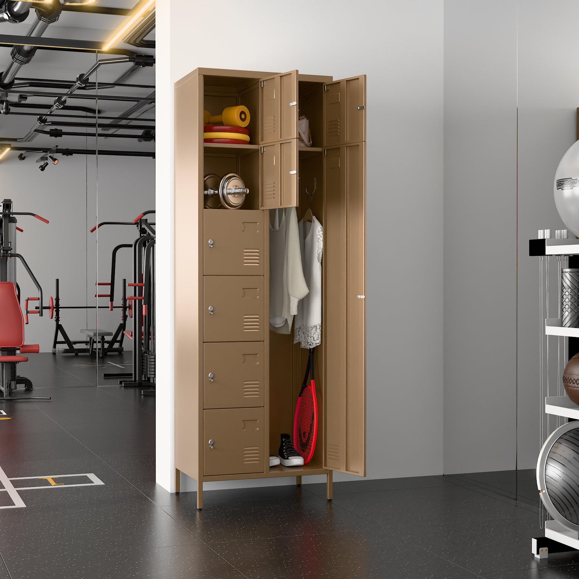 72" H Metal Storage Lockers with 8 Doors(7 Small +1 Big Doors),Coffee