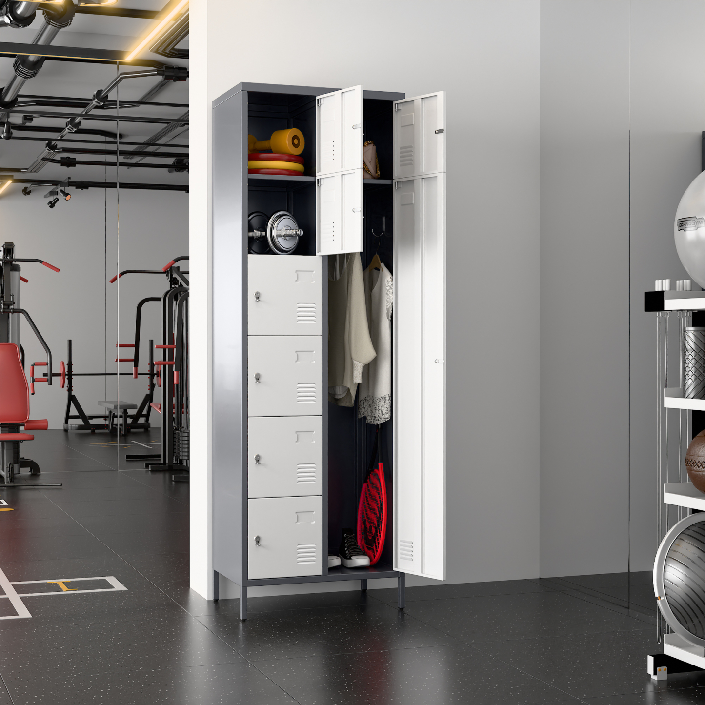 72" H Metal Storage Lockers with 8 Doors,Grey&White,(7 Small +1 Big Doors)