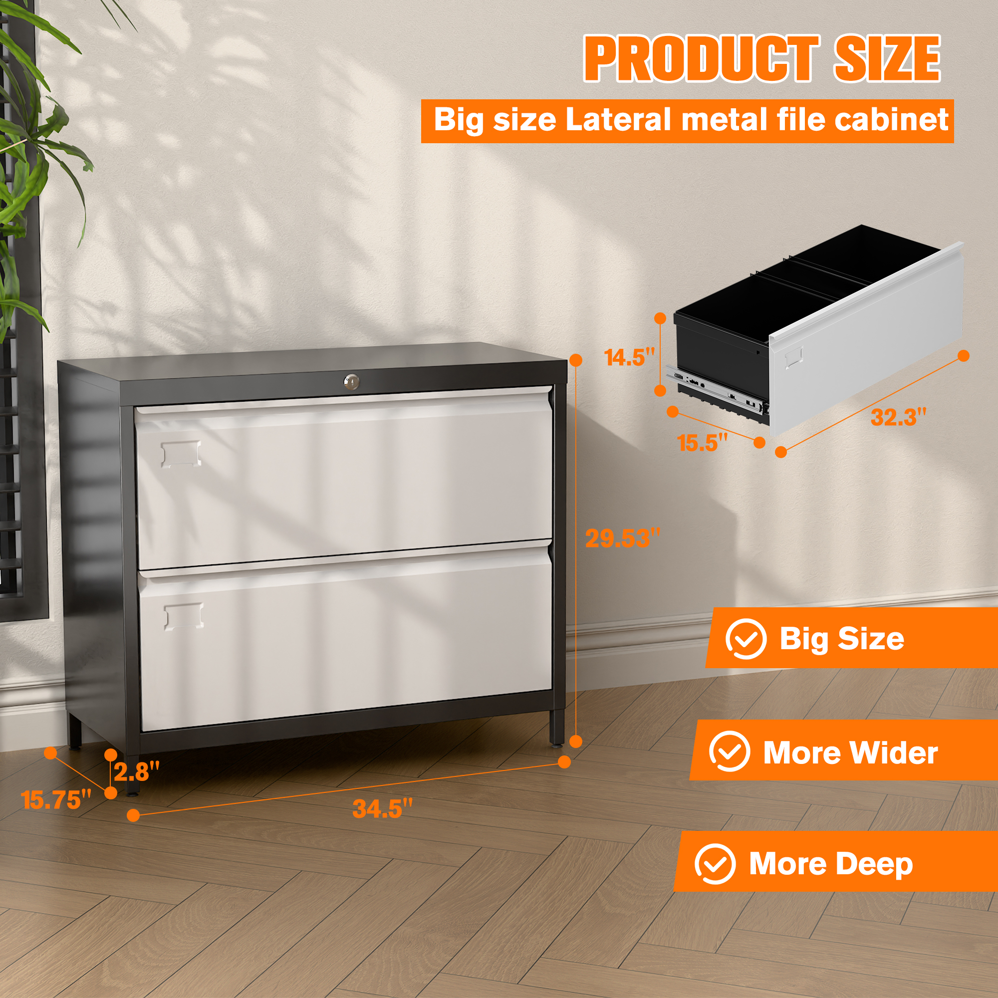 Lateral File Cabinet with 2 Drawer,Required Assembly,Black and Grey