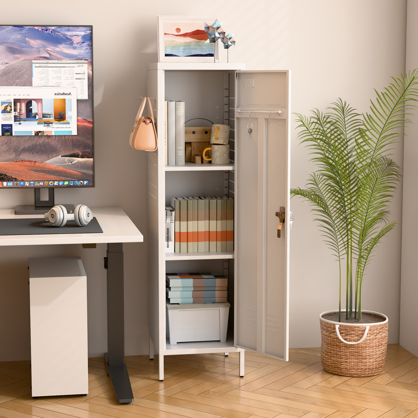 Metal Storage Locker with Pegboard,White