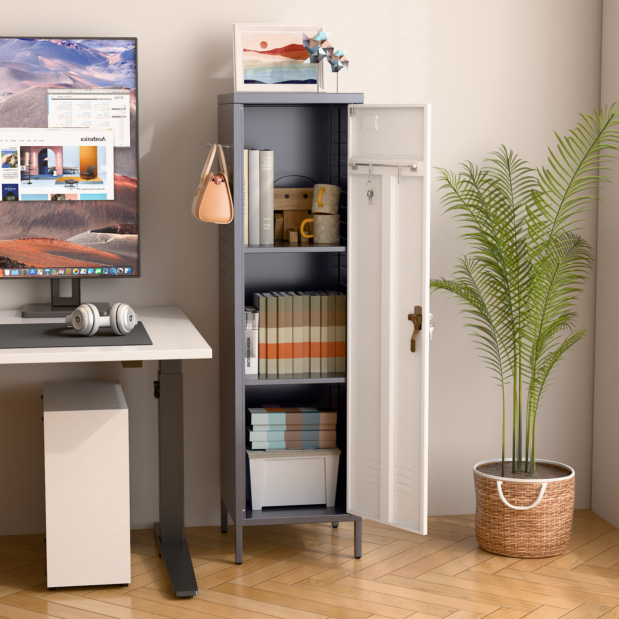 Metal Storage Locker with Pegboard,Grey&White