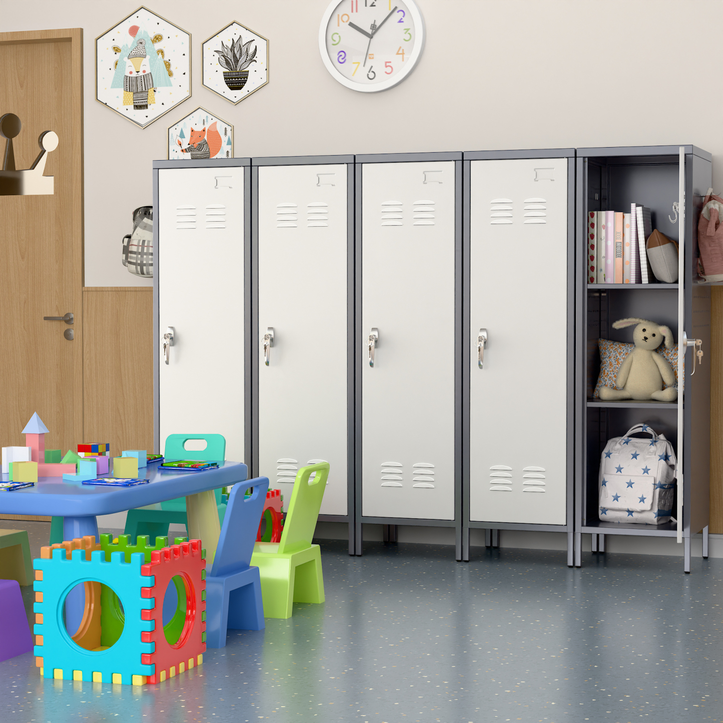 Metal Storage Locker with Pegboard,Grey&White