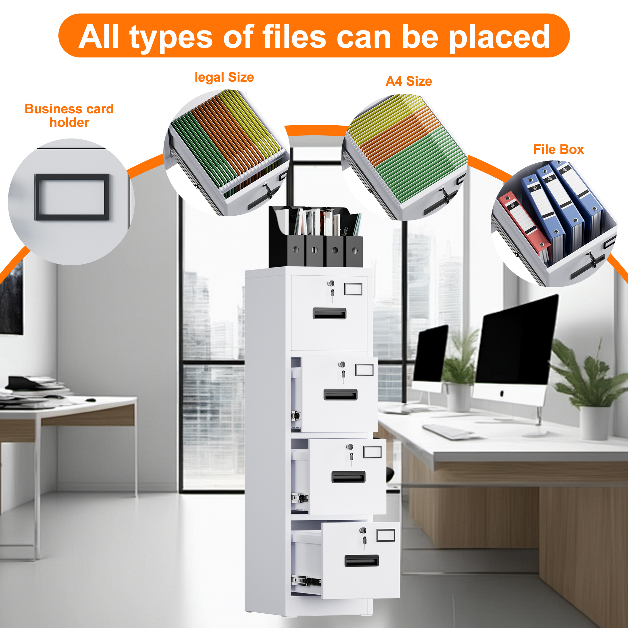 Vertical File Cabinet with 4 Drawers,14.97"D x 17.72"W x 55.2"H,Assembly Required,White,