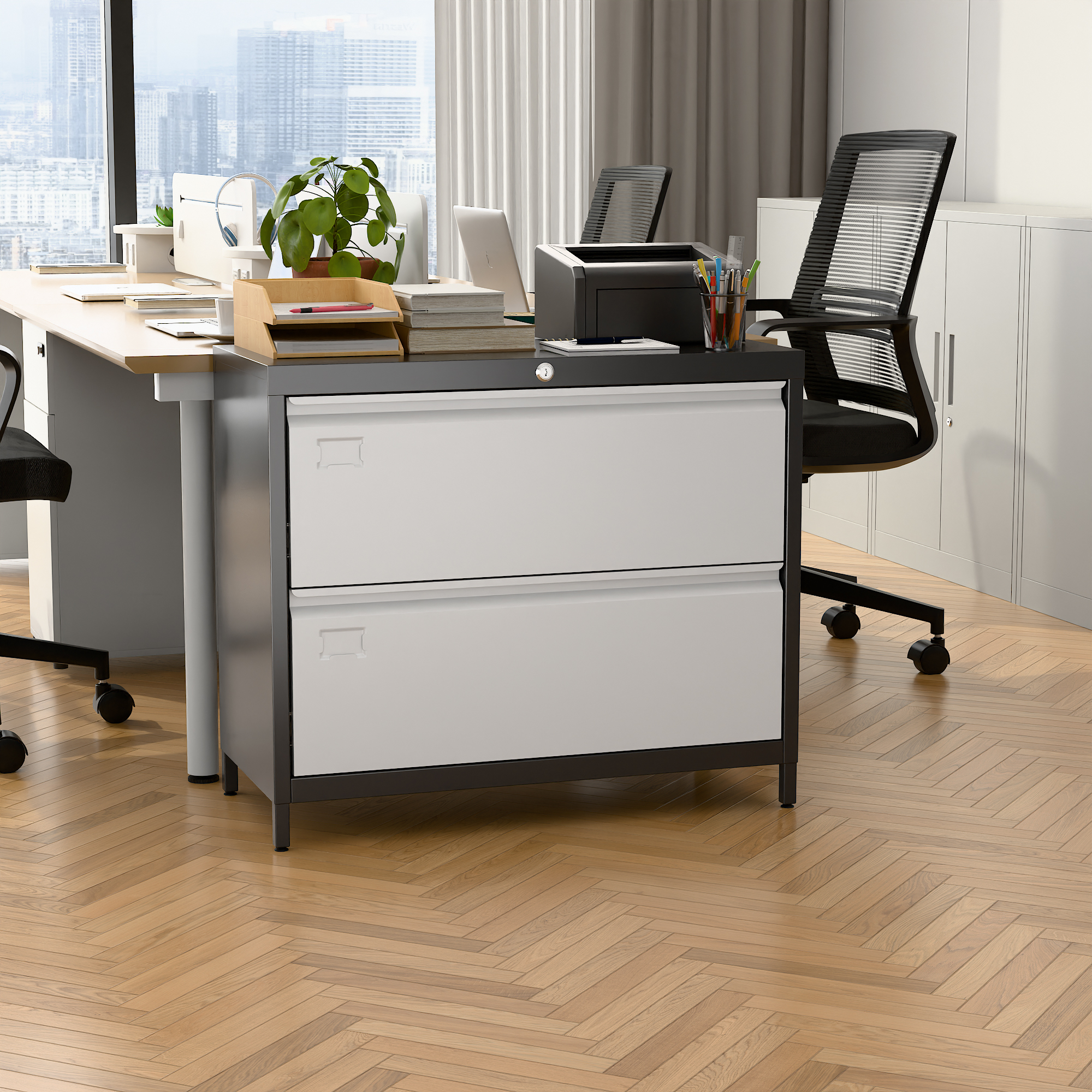 Lateral File Cabinet with 2 Drawer,Required Assembly,Black and Grey