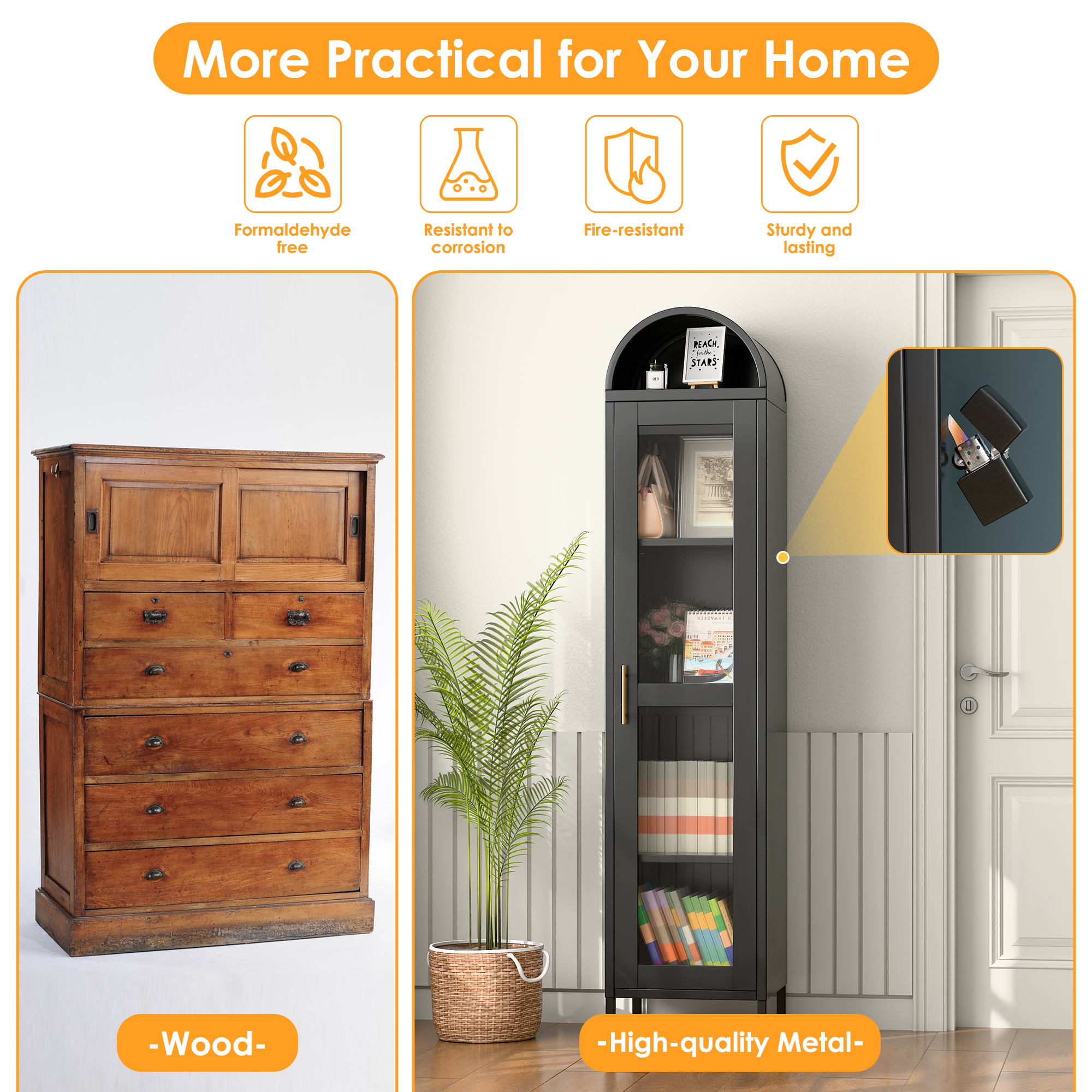 Arch Bookcase with 1 Glass Door/Shelves,Assembly Required (Black)