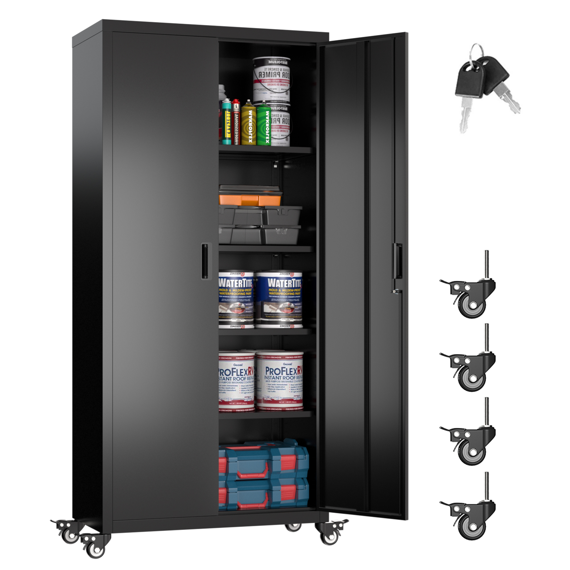 73"H Garage Storage Cabinet with Wheels-Black