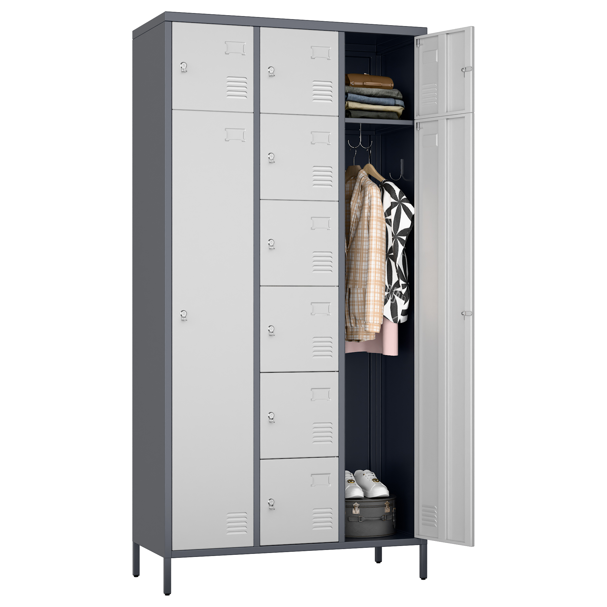 72" H Metal Storage Lockers with 10 Doors，2 Big Doors and 8 Small Doors，Grey&White