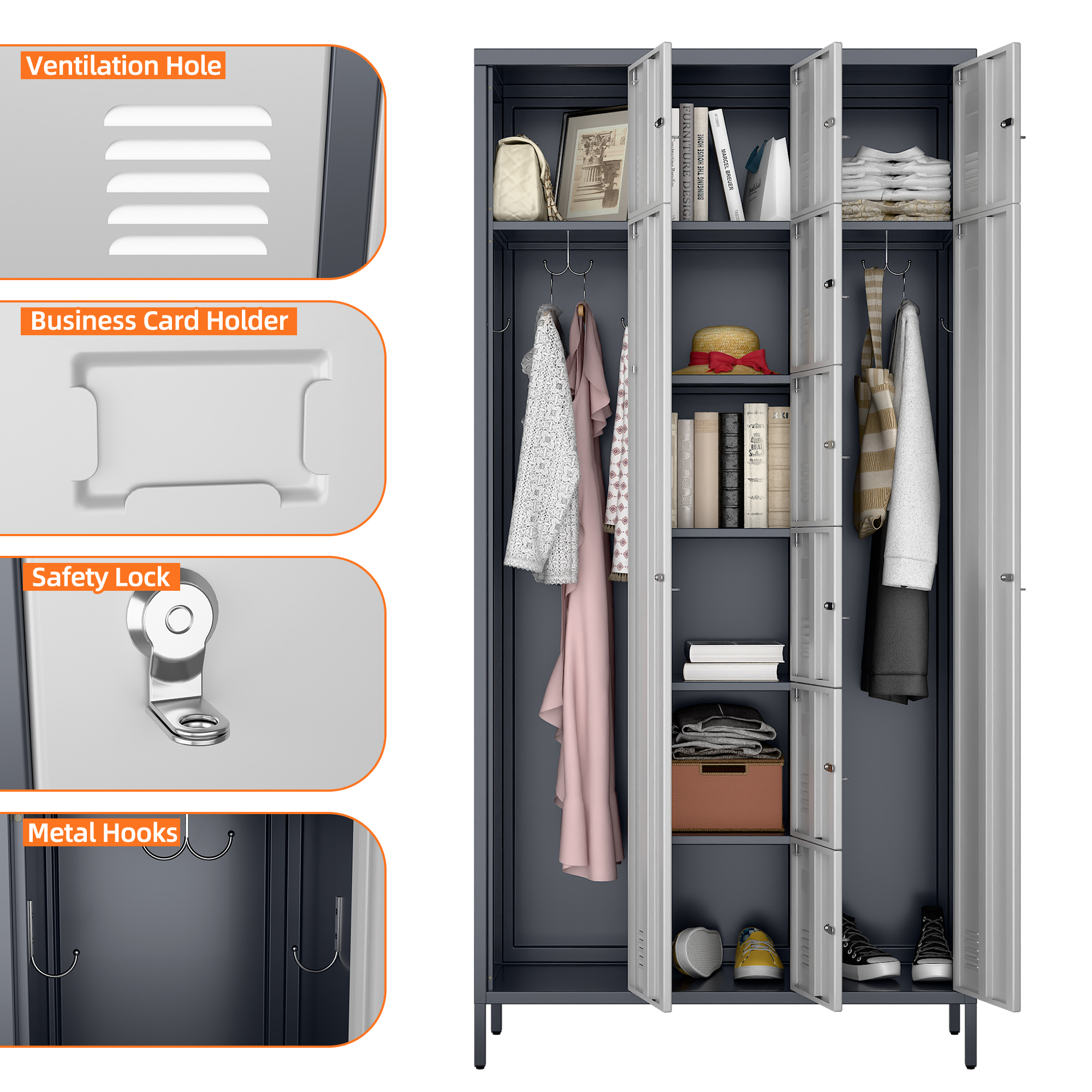 72" H Metal Storage Lockers with 10 Doors，2 Big Doors and 8 Small Doors，Grey&White