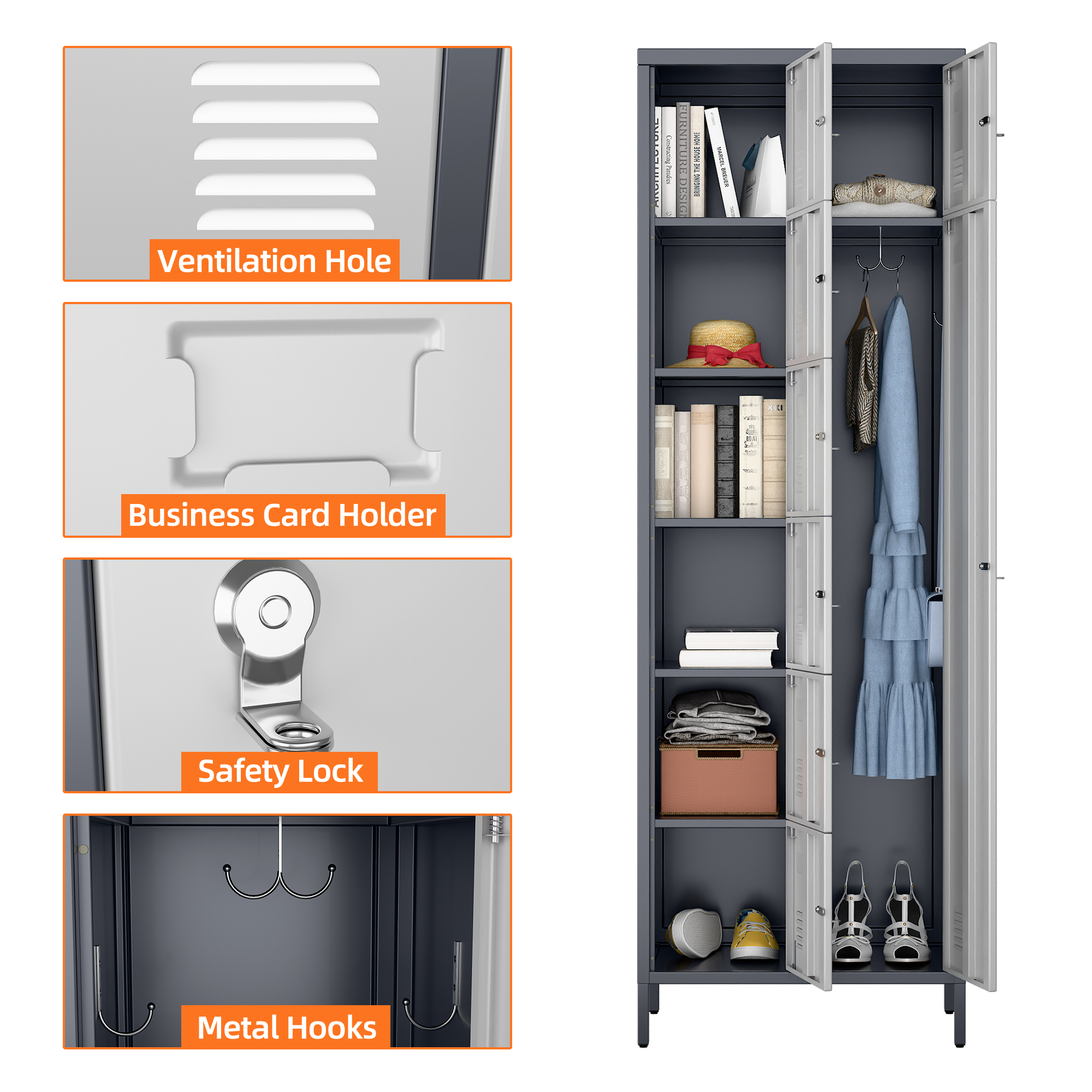 72" H Metal Storage Lockers with 8 Doors,Grey&White,(7 Small +1 Big Doors)