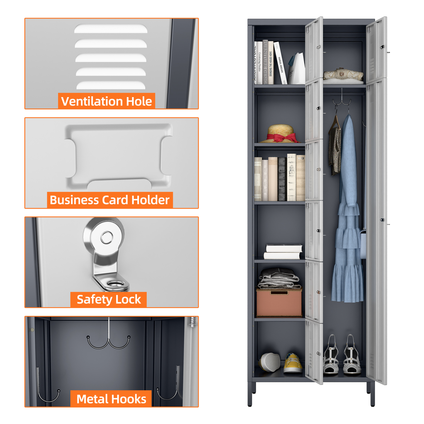 72" H Metal Storage Lockers with 8 Doors,Grey&White,(7 Small +1 Big Doors)
