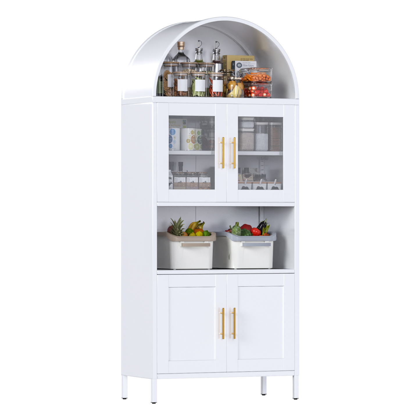Metal Arched Cabinet with 2 Glass Doors and 2 Metal Doors,Assembly Required,White