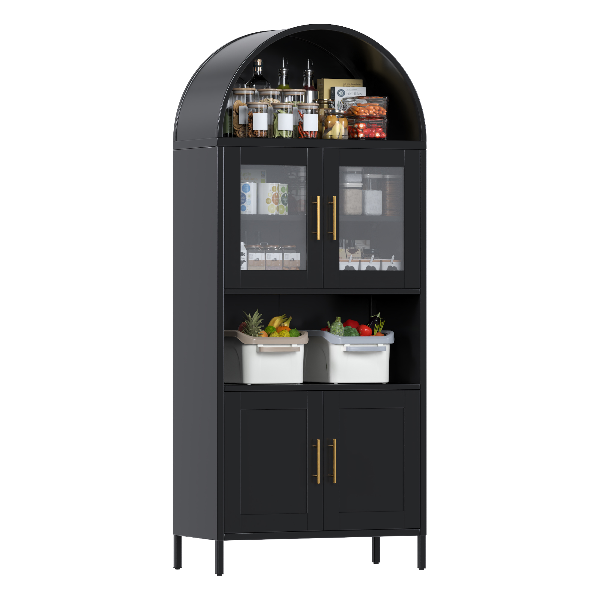 Metal Arched Cabinet with 2 Glass Doors and 2 Metal Doors,Assembly Required,Black