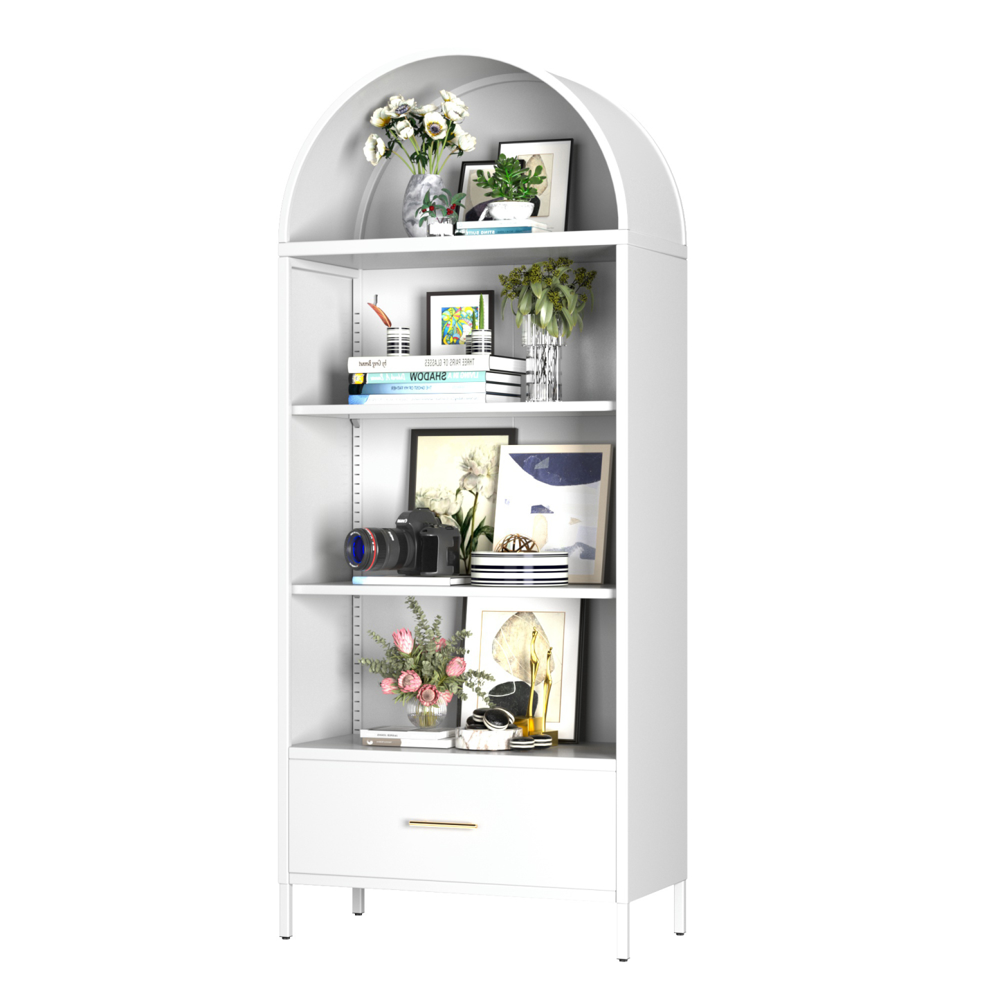 Metal Display Arched Cabinet with Drawer, Assembly Required,White