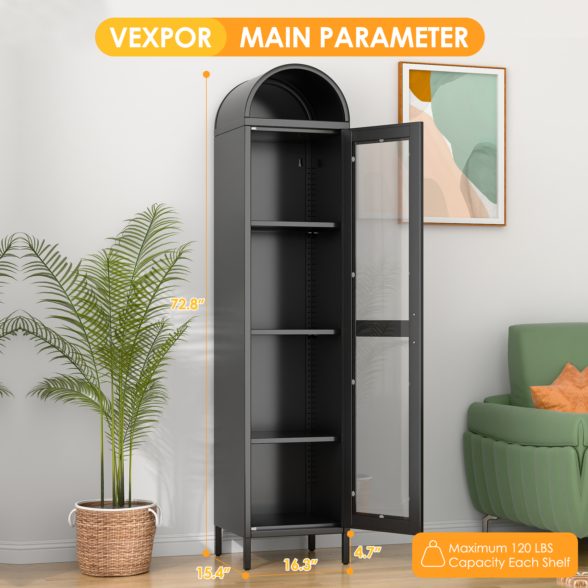 Arch Bookcase with 1 Glass Door/Shelves,Assembly Required (Black)