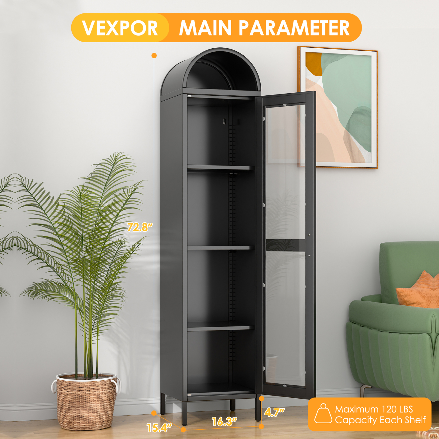 Arch Bookcase with 1 Glass Door/Shelves,Assembly Required (Black)