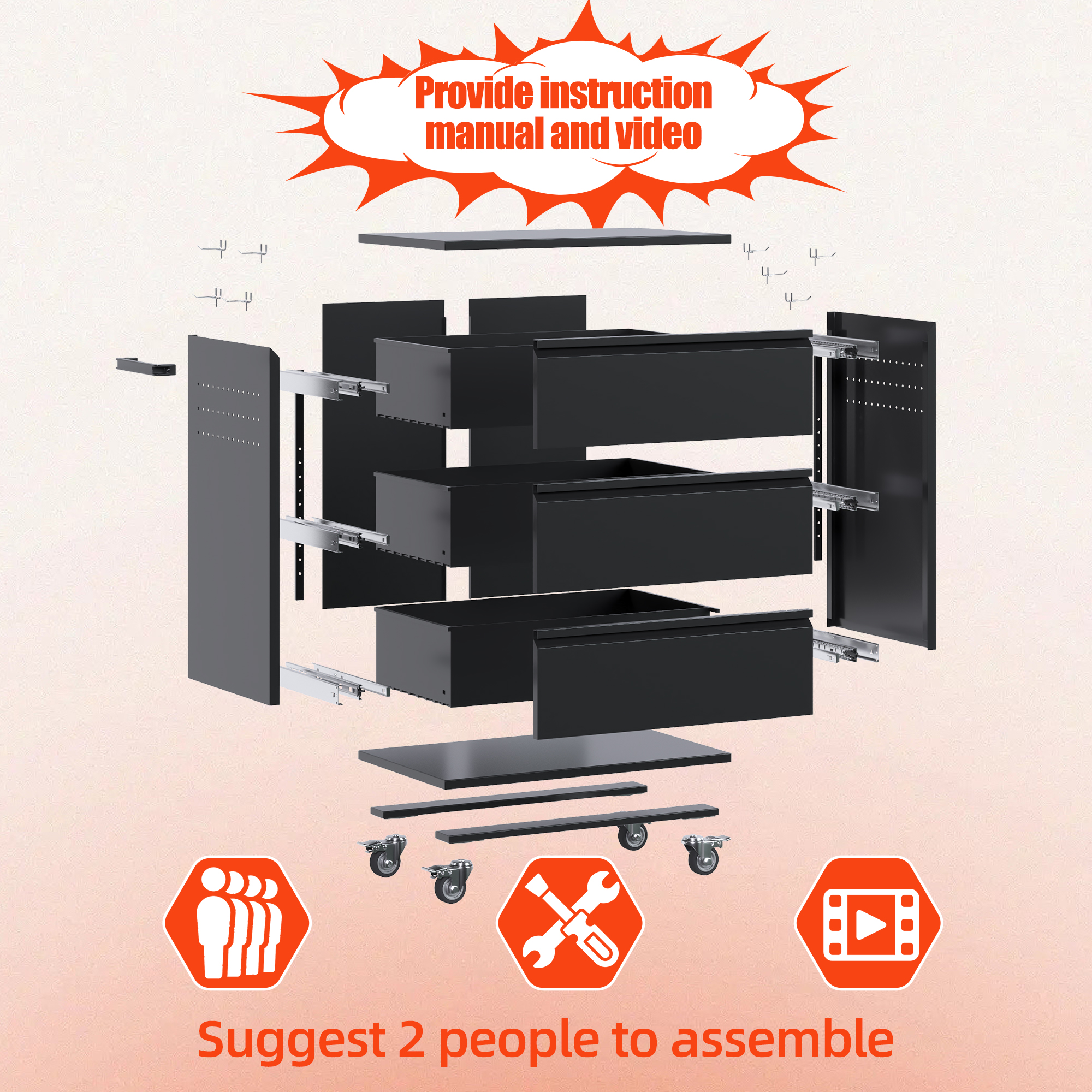 Aobabo 35''H Garage Storage Cabinet  with Wheels and 3 Drawers,Black