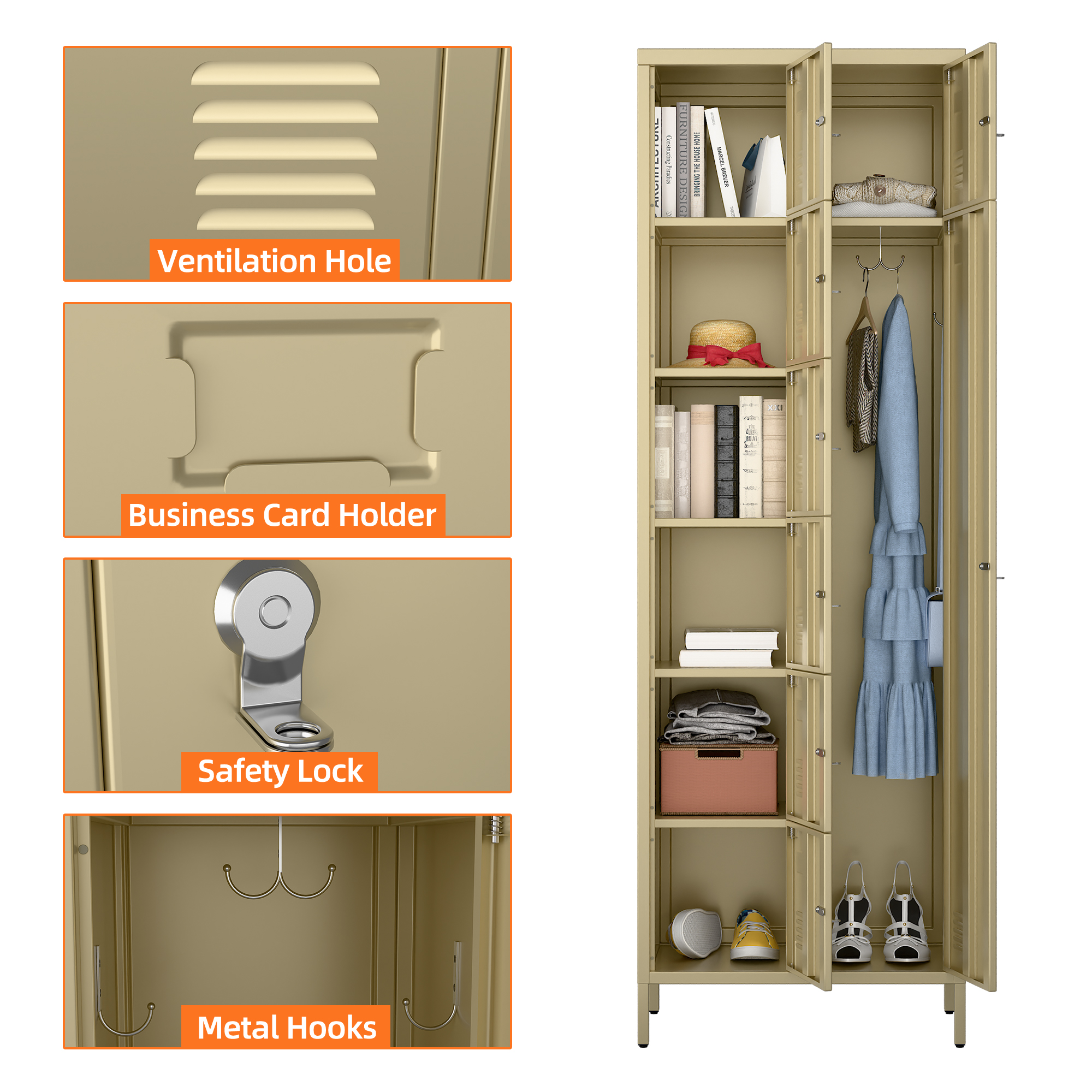 72" H Metal Storage Lockers with 8 Doors(7 Small +1 Big Doors),Camel