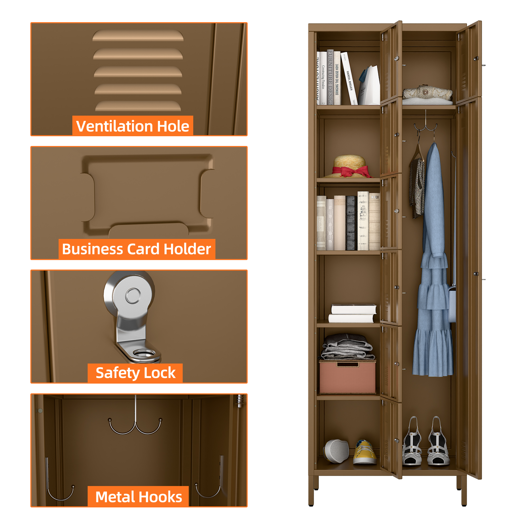 72" H Metal Storage Lockers with 8 Doors(7 Small +1 Big Doors),Coffee