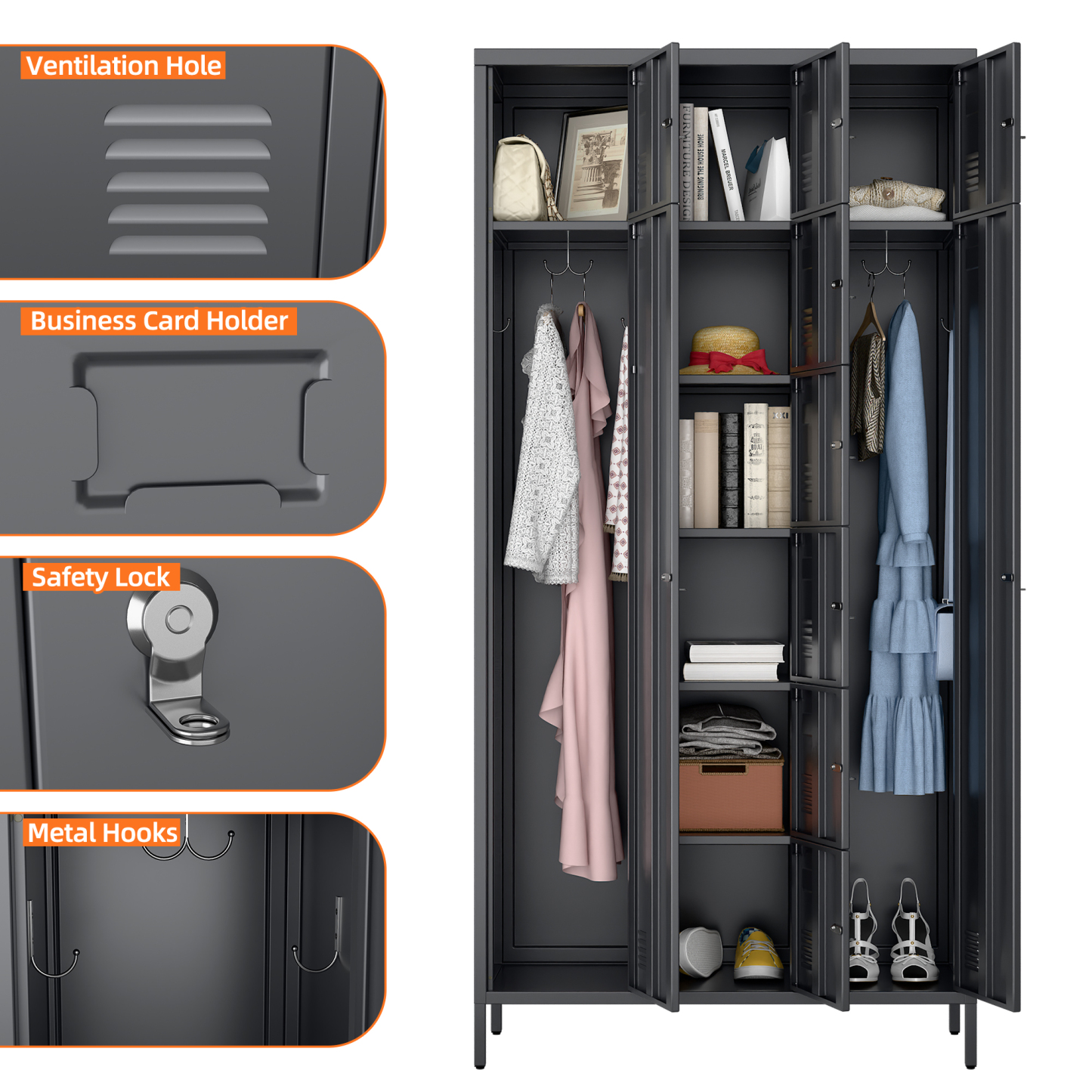 72"H Metal Storage Lockers with 10 Doors,2 Big Doors and 8 Small Doors,Dark Grey