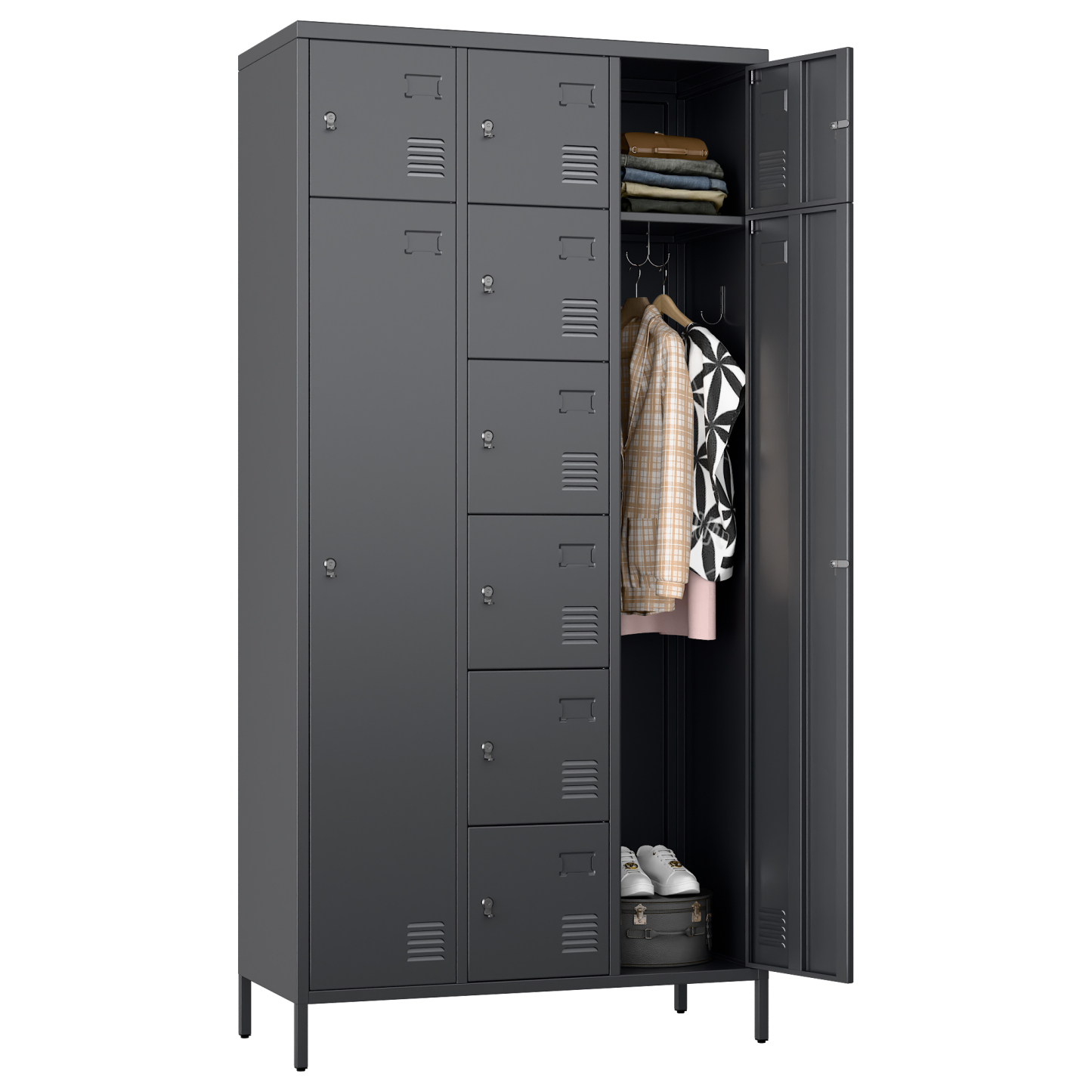 72"H Metal Storage Lockers with 10 Doors,2 Big Doors and 8 Small Doors,Dark Grey