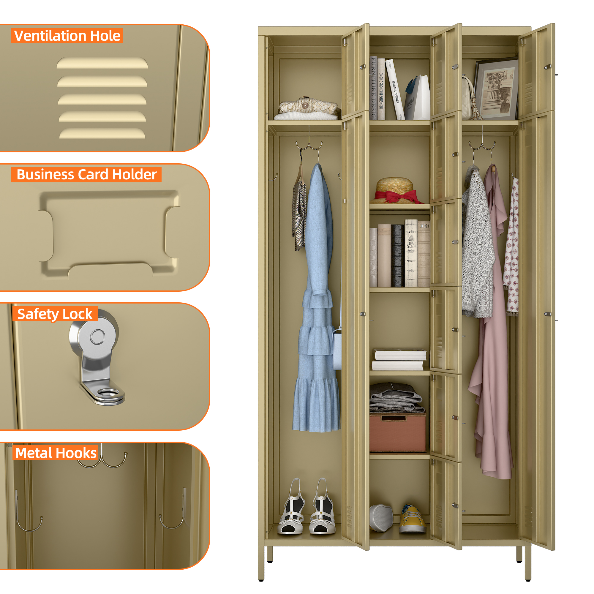 72"H Metal Storage Lockers with 10 Doors,2 Big Doors and 8 Small Doors,Camel