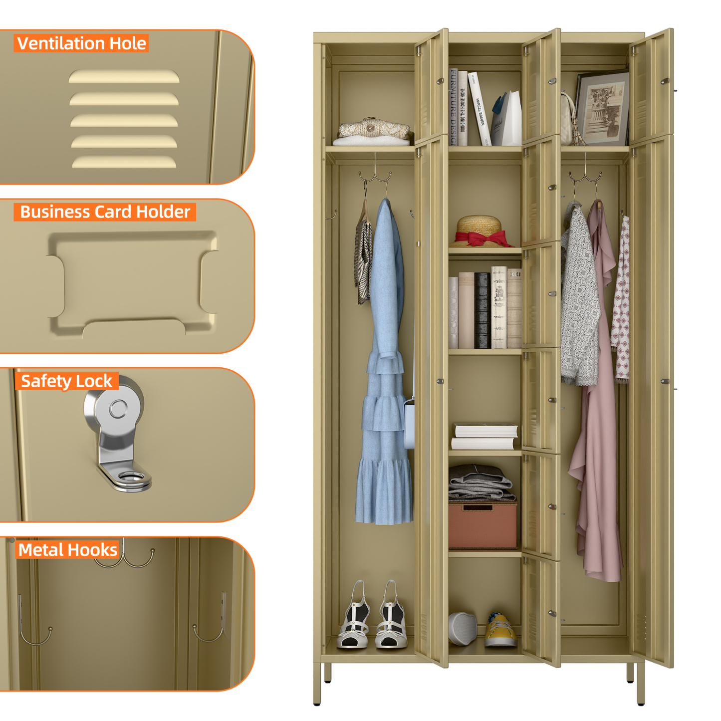 72"H Metal Storage Lockers with 10 Doors,2 Big Doors and 8 Small Doors,Camel