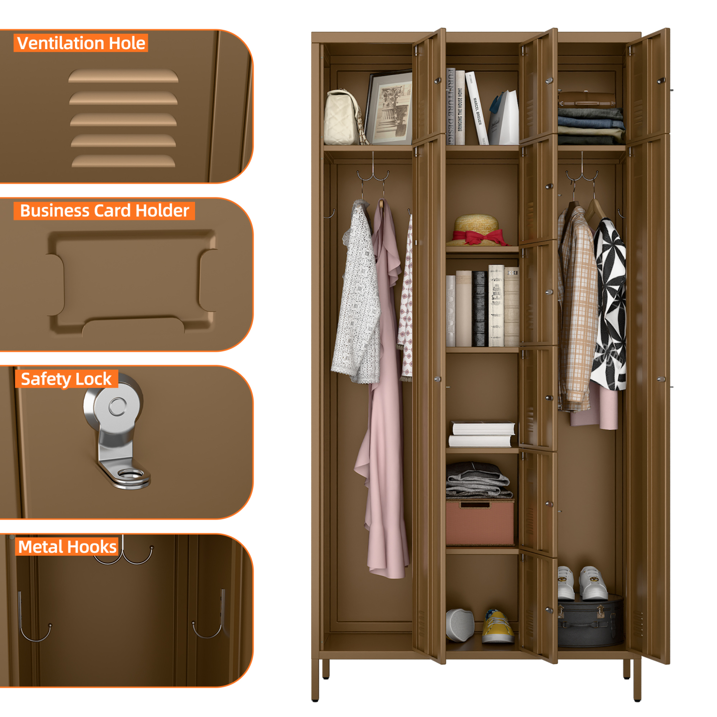 72"H Metal Storage Lockers with 10 Doors,2 Big Doors and 8 Small Doors,Coffee