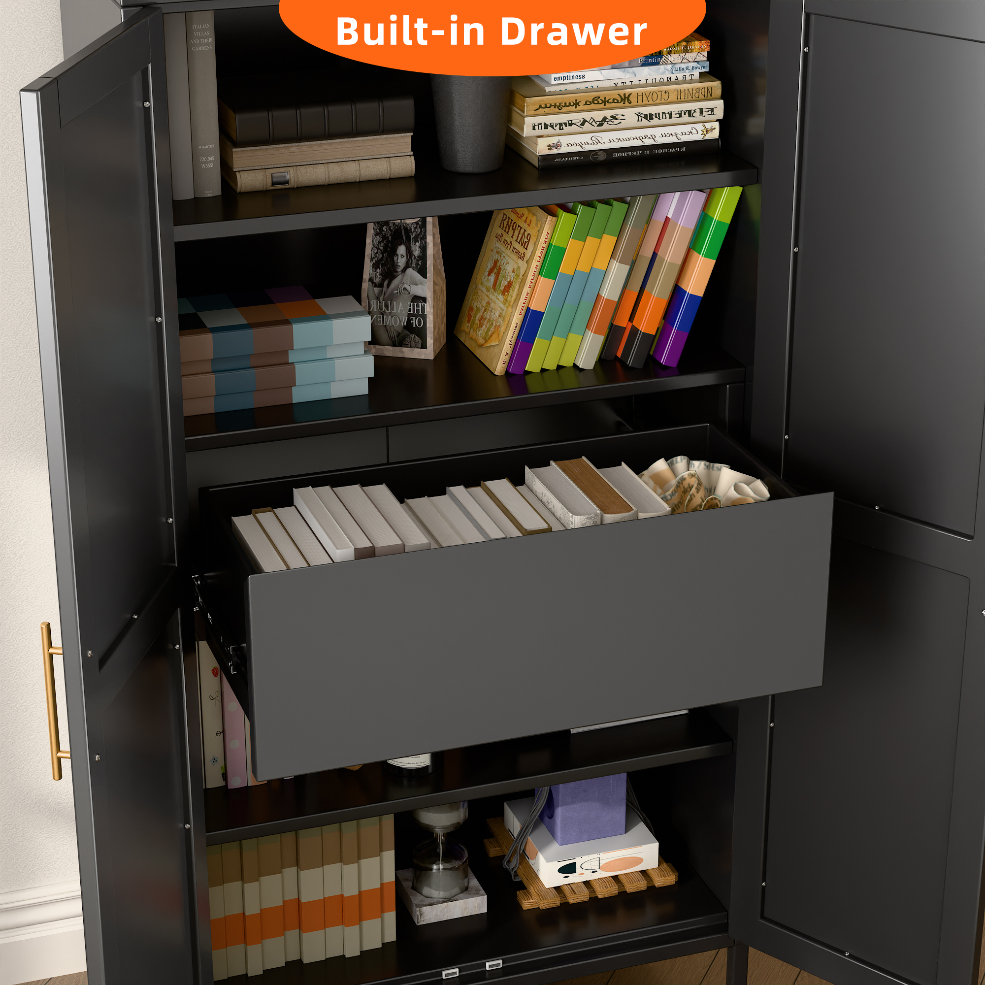 72.8"H Metal Arched Cabinet with 1 Drawer,Assembly Required,Black