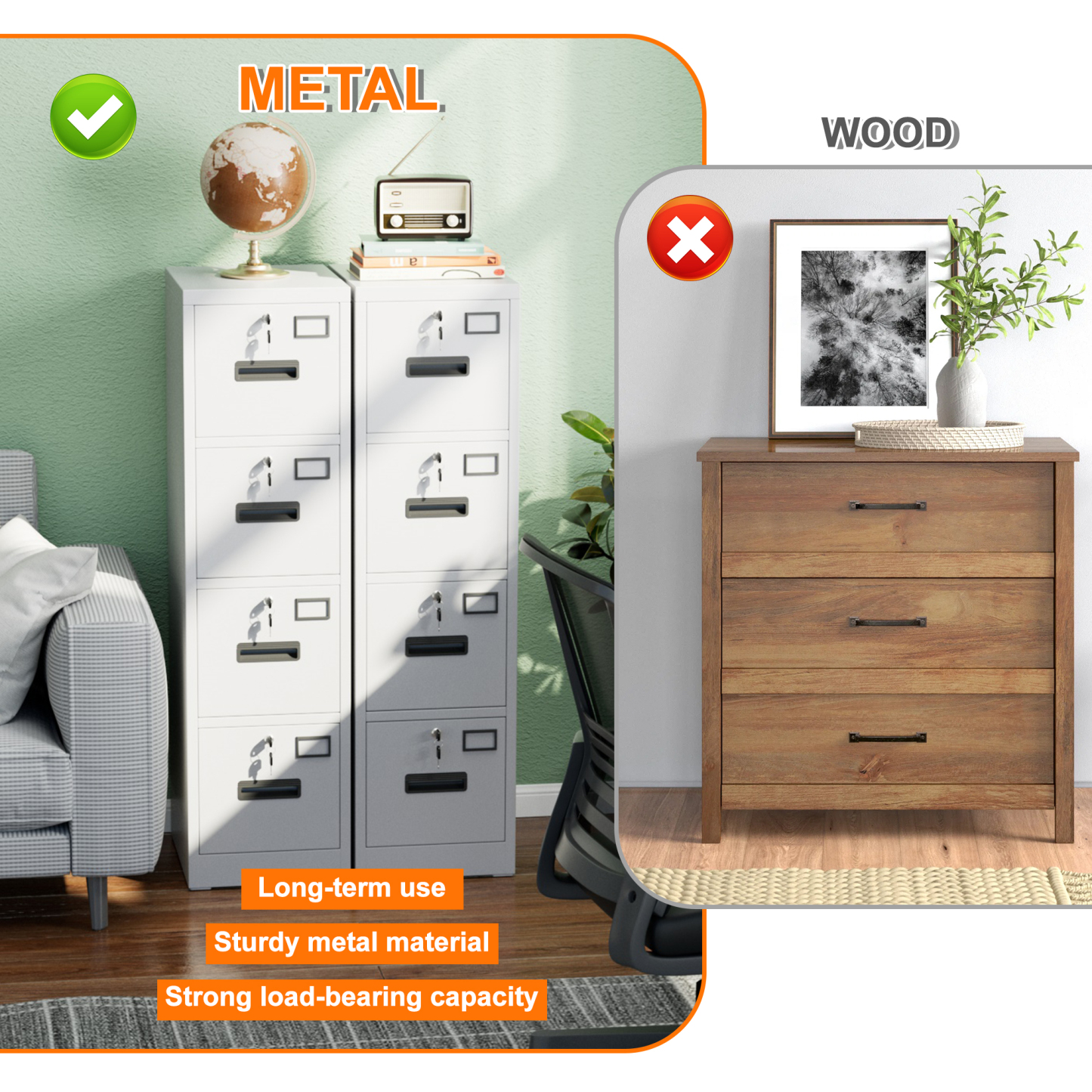 Vertical File Cabinet with 4 Drawers,14.97"D x 17.72"W x 55.2"H,Assembly Required,White,