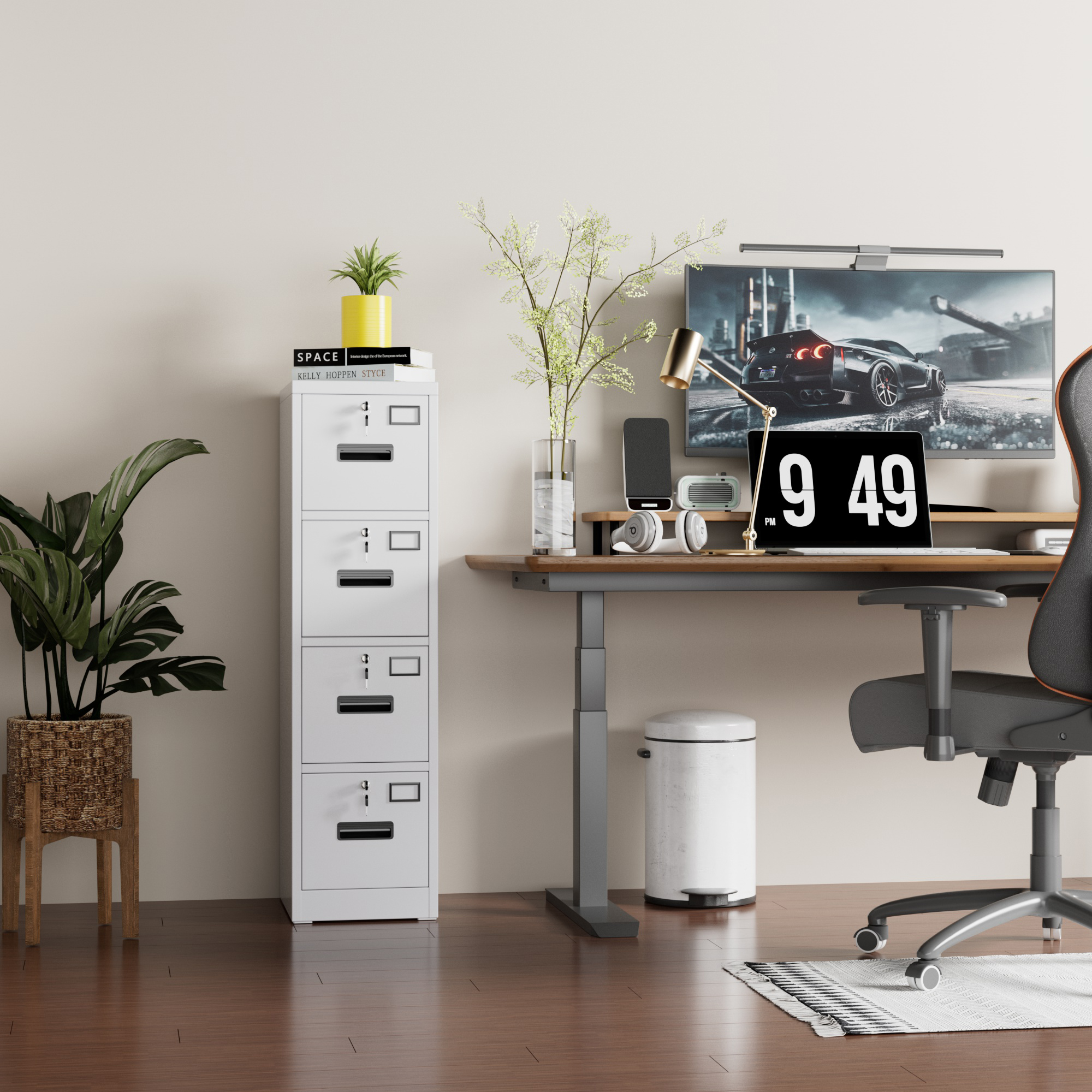 Vertical File Cabinet with 4 Drawers,14.97"D x 17.72"W x 55.2"H,Assembly Required,White,