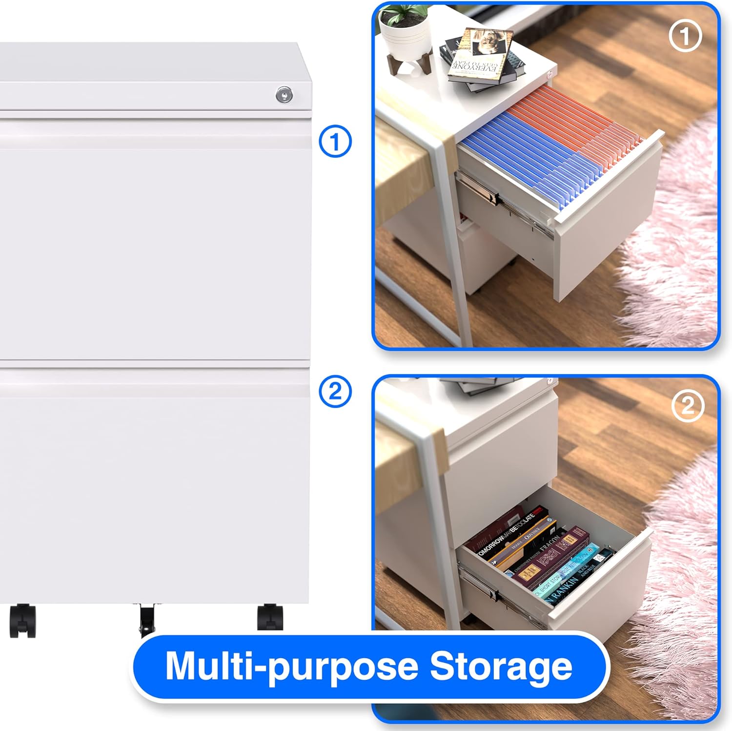 Mobile File Cabinet, 14.96 Inches Wide 2 Drawer White