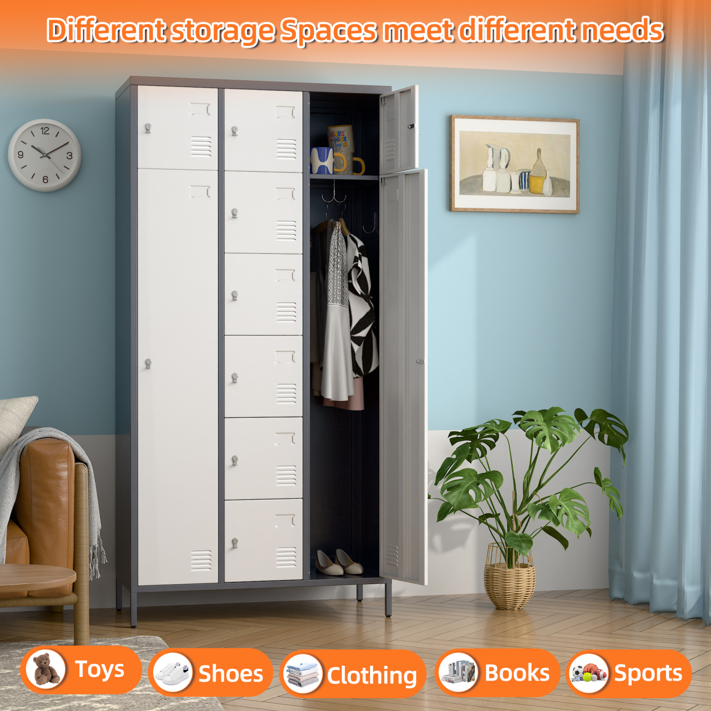 72" H Metal Storage Lockers with 10 Doors，2 Big Doors and 8 Small Doors，Grey&White
