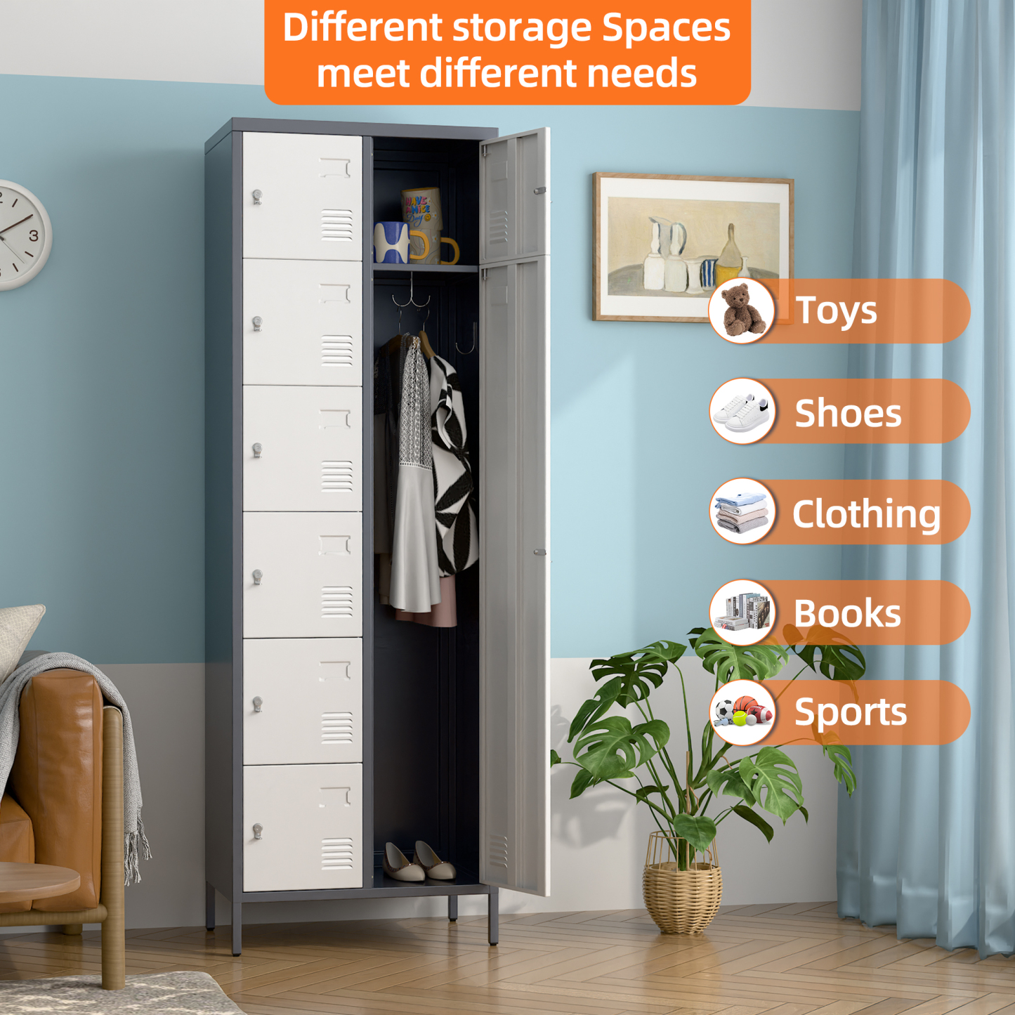 72" H Metal Storage Lockers with 8 Doors,Grey&White,(7 Small +1 Big Doors)