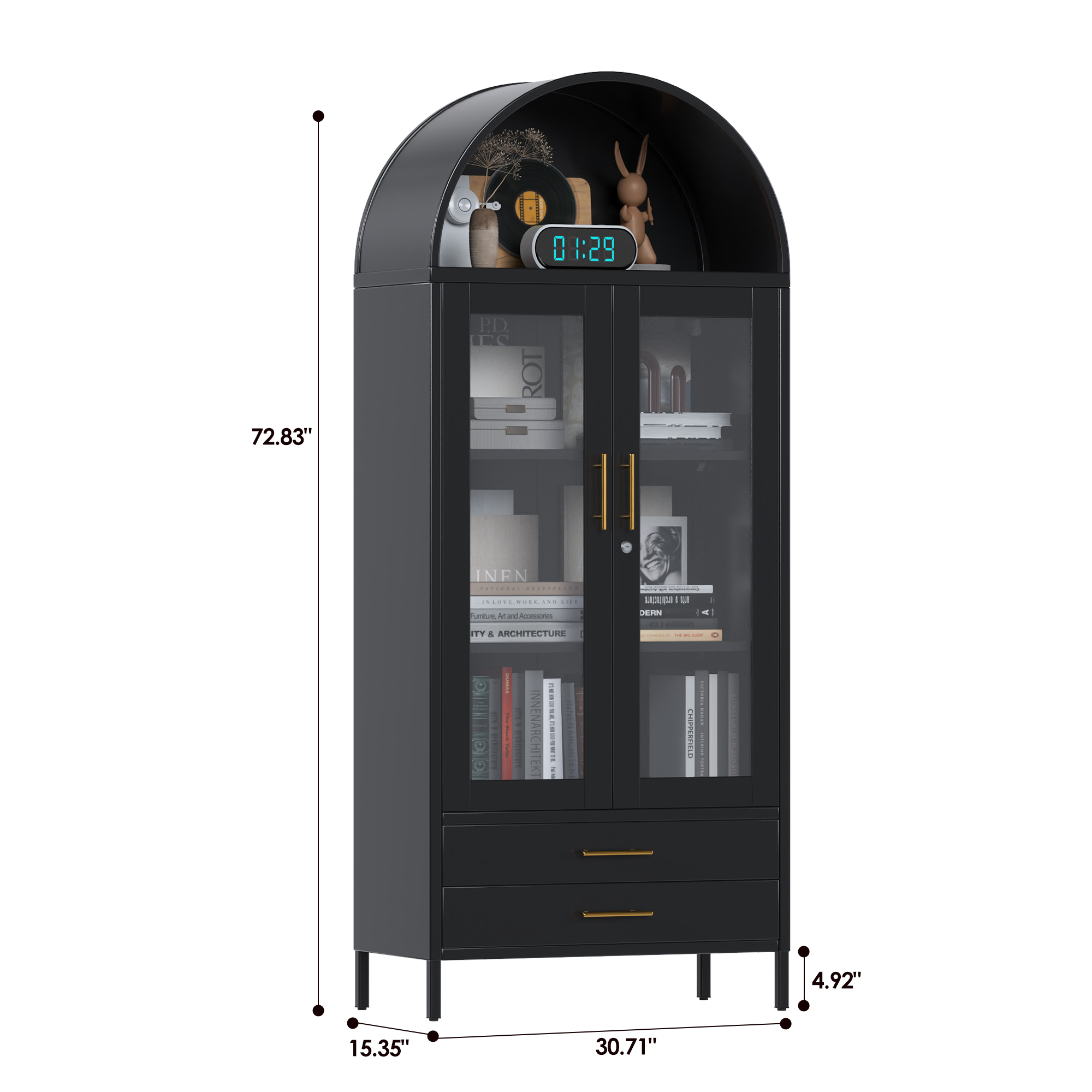 Black Metal Arched Cabinet with Glass Doors and 2 Drawers