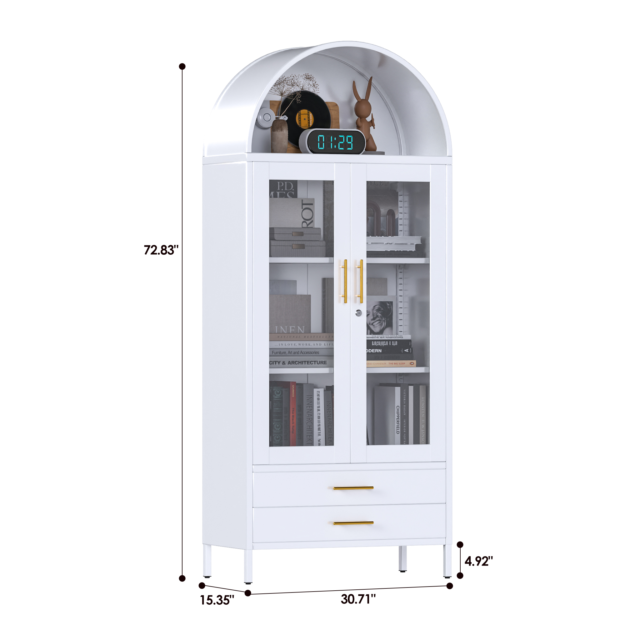 White Metal Arched Cabinet with Glass Doors and 2 Drawers