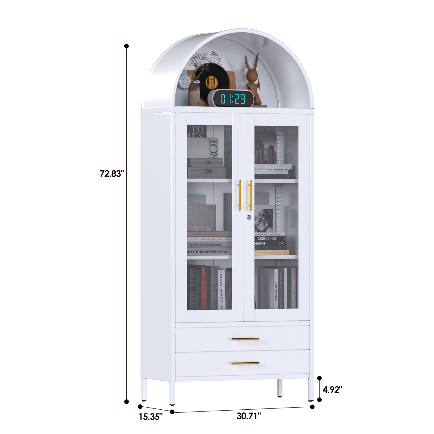 White Metal Arched Cabinet with Glass Doors and 2 Drawers