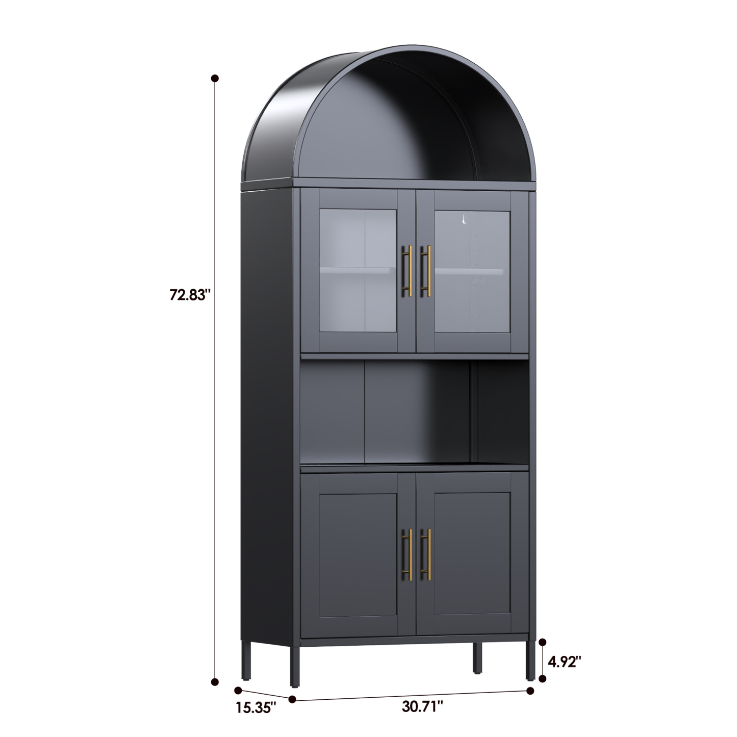 Metal Arched Cabinet with 2 Glass Doors and 2 Metal Doors,Assembly Required,Black