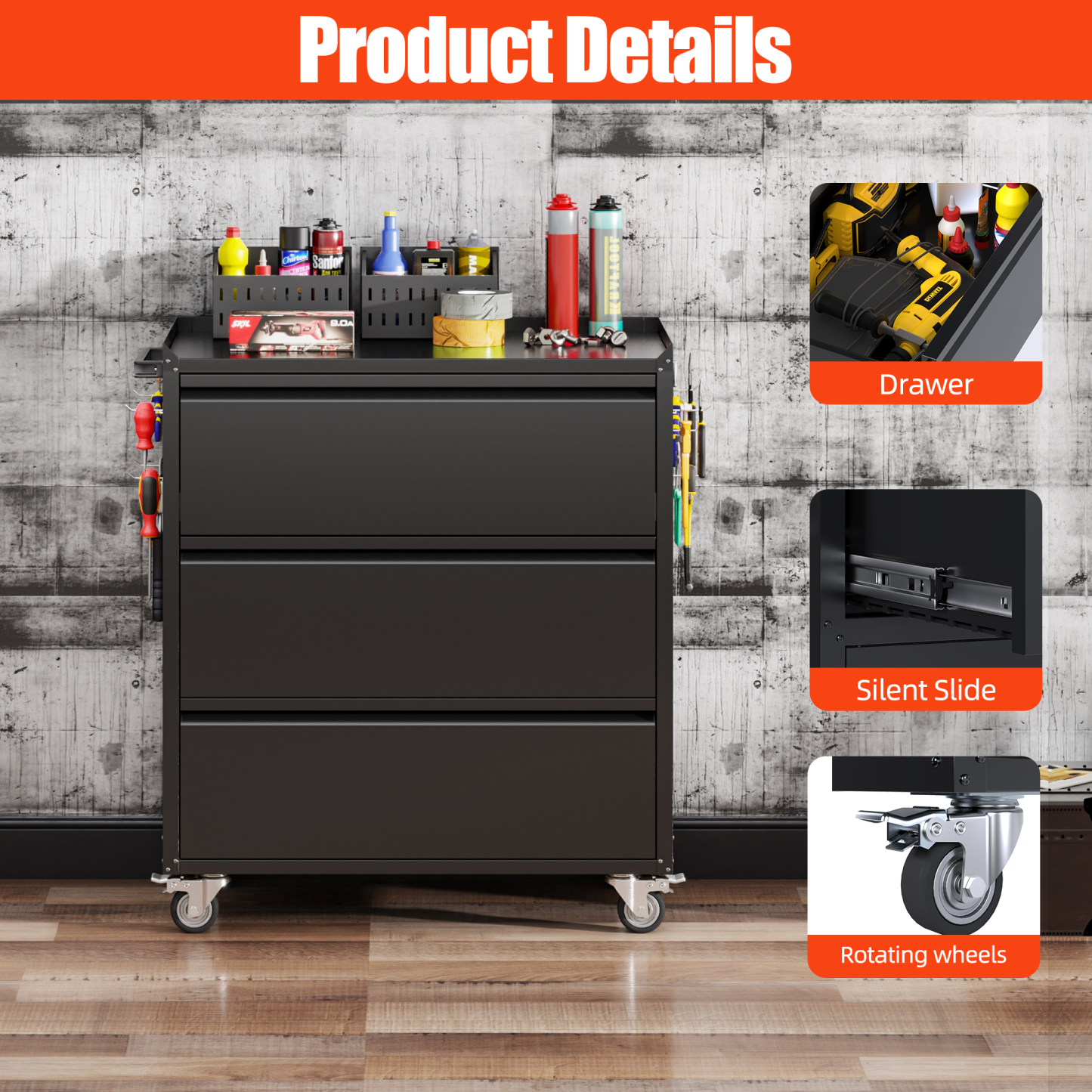 Aobabo 35''H Garage Storage Cabinet  with Wheels and 3 Drawers,Black